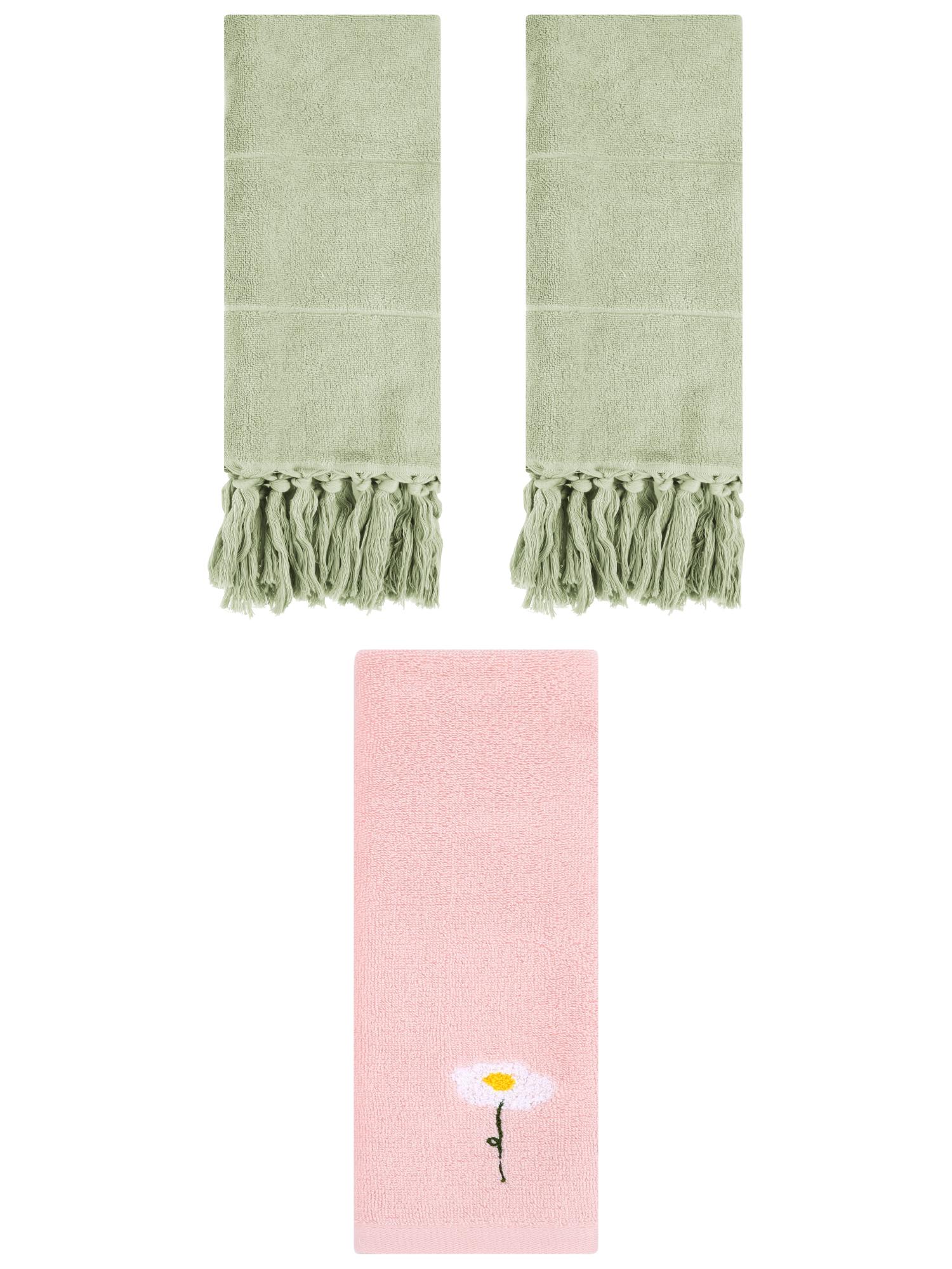 Unique Bargains 3 Pcs Floral Solid Hand Towel Set Green/Pink 14"x30"/13"x30"
