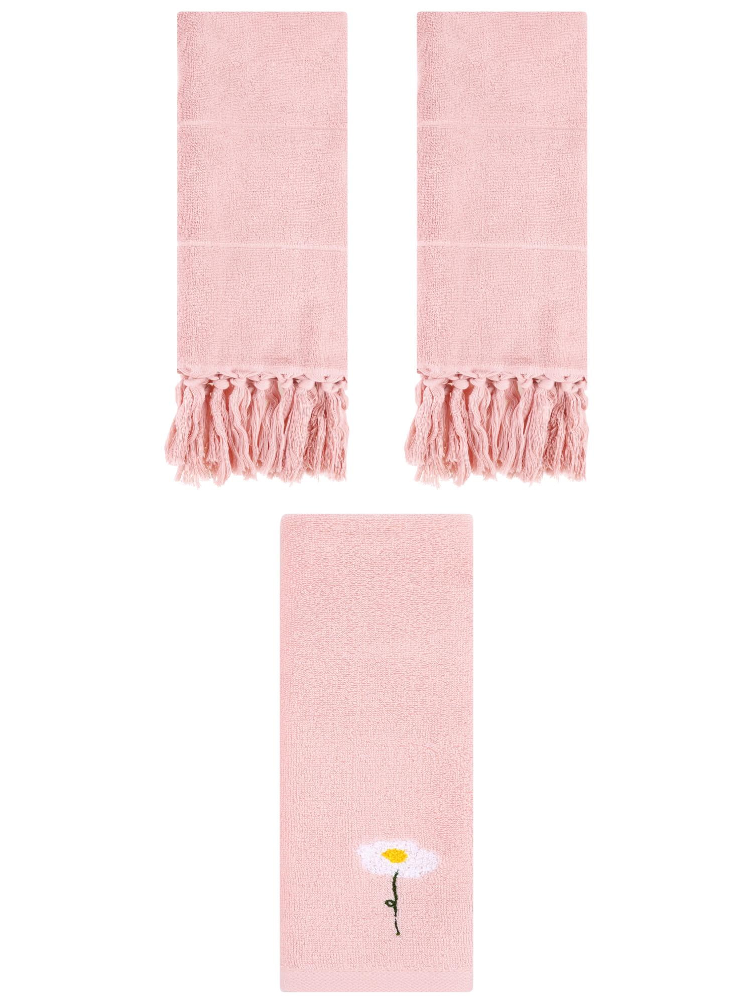 Unique Bargains 3 Pcs Floral Solid Hand Towel Set Pink 14"x30"/13"x30"
