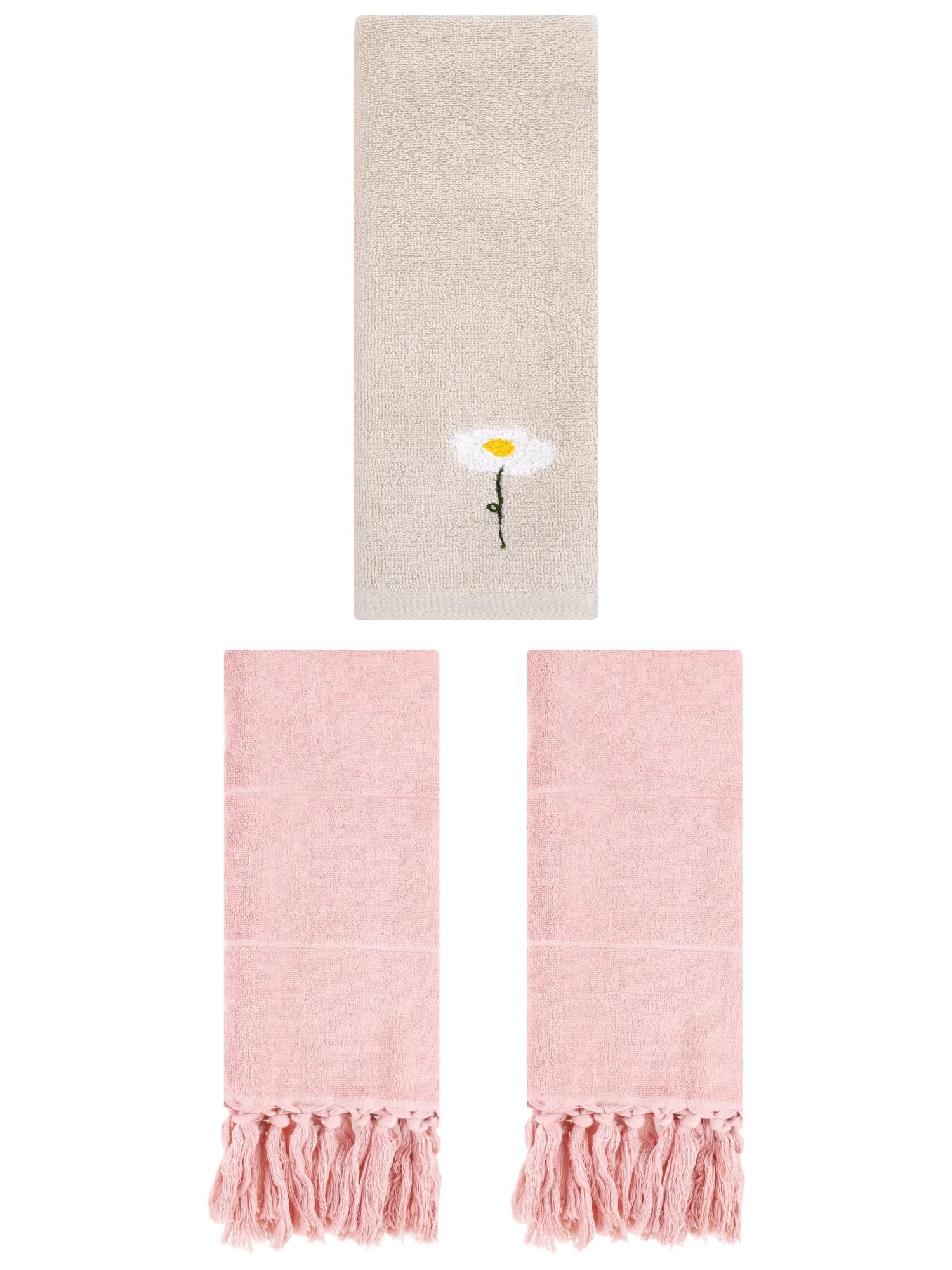 Unique Bargains 3 Pcs Floral Solid Hand Towel Set Pink/Light Brown 14"x30"/13"x30"