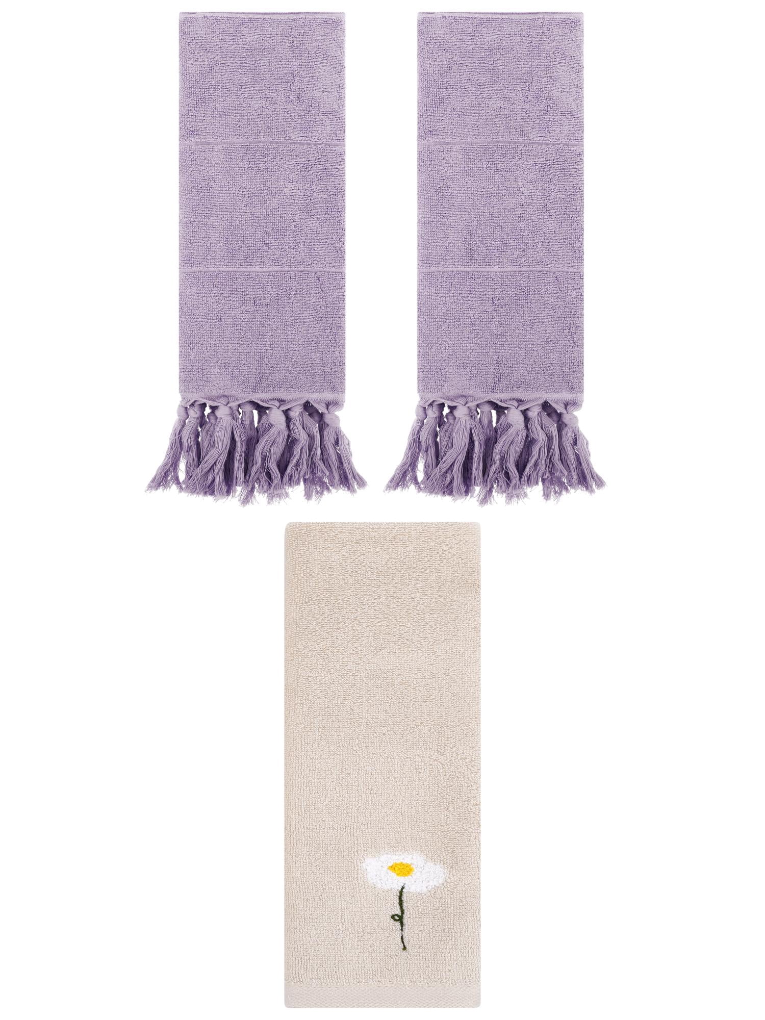 Unique Bargains 3 Pcs Floral Solid Hand Towel Set Purple/Light Brown 14"x30"/13"x30"