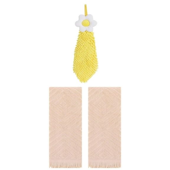 Unique Bargains 3 Pcs Geometric Soft Hand Towels Brown/Yellow 13" x 29"/6" x 15"