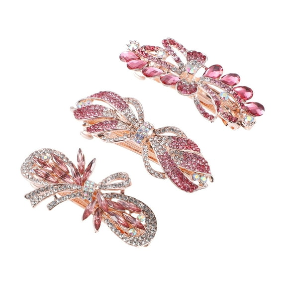 Unique Bargains 3 Pcs Hair Barrettes Hair Accessories for Women Rhinestones Hair Clip Pink