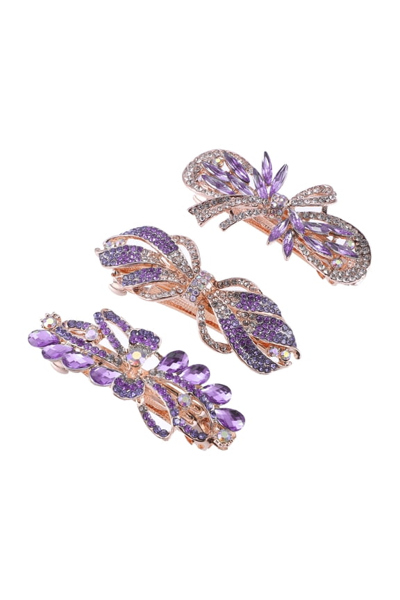 3 Pcs Hair Barrettes Sparkly Rhinestones Purple