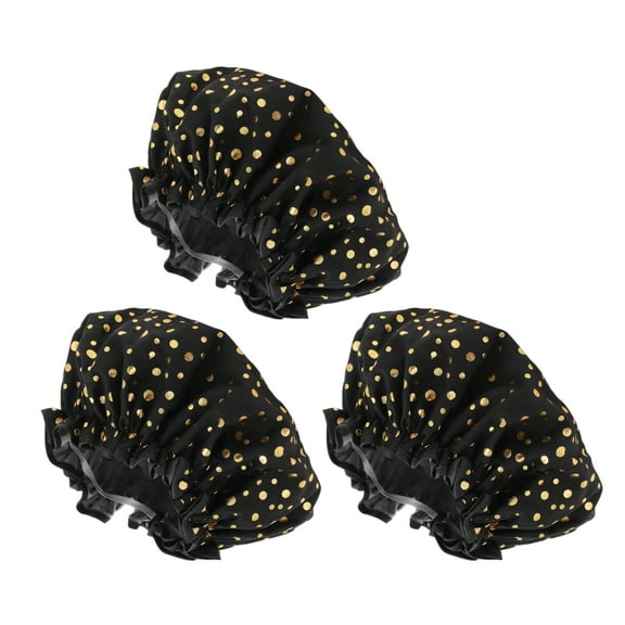 Unique Bargains 3 Pcs Reusable Dots Double Layer Shower Cap for Shower Black PEVA