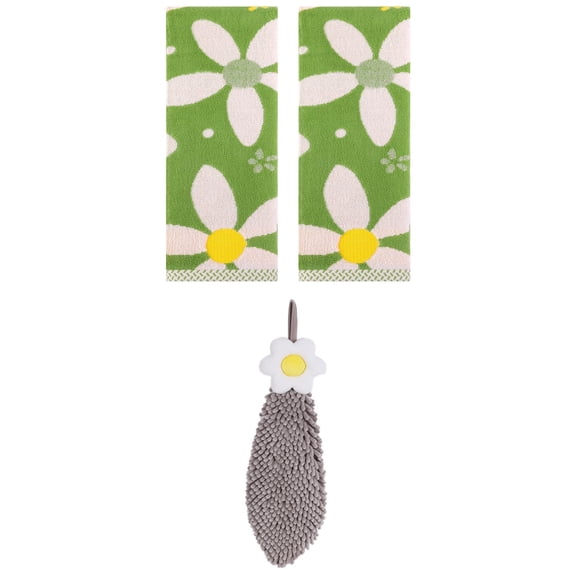 Unique Bargains 3 Pcs Soft Floral Hand Towels Green/Grey 13" x 29"/6" x 15"