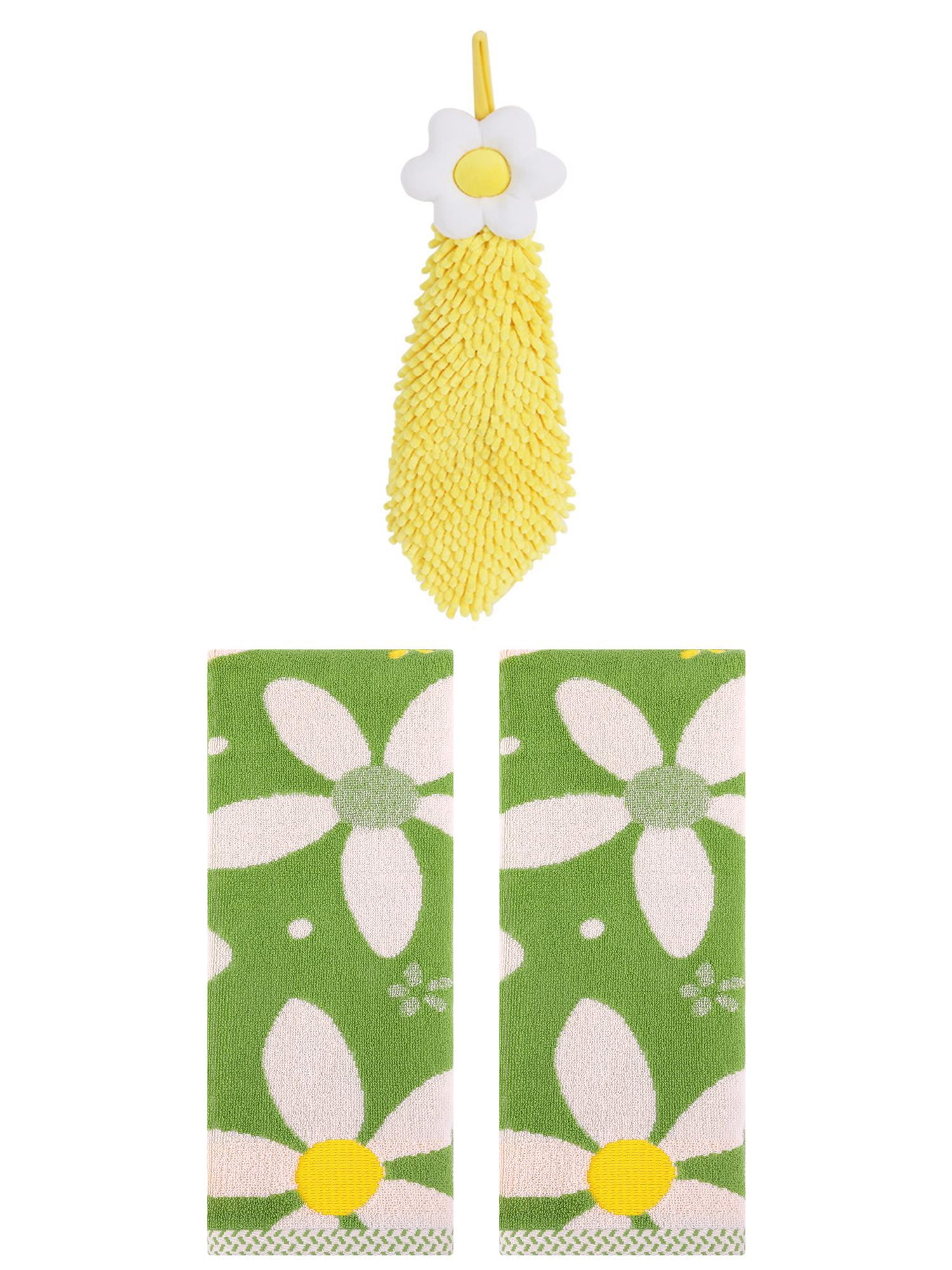 Unique Bargains 3 Pcs Soft Floral Hand Towels Green/Yellow 13" x 29"/6" x 15"