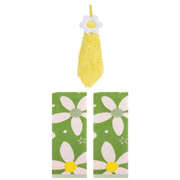 Unique Bargains 3 Pcs Soft Floral Hand Towels Green/Yellow 13" x 29"/6" x 15"