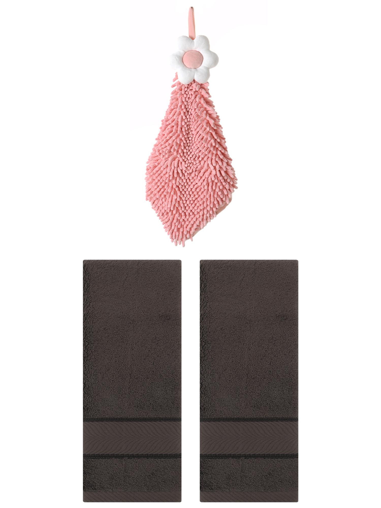 Unique Bargains 3 Pcs Soft Hand Towel Set Dark Brown/Pink-2 14" x 30"/6" x 15"