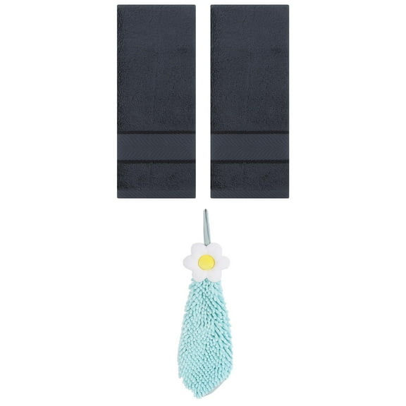 Unique Bargains 3 Pcs Soft Hand Towel Set Dark Grey/Green 14" x 30"/6" x 15"