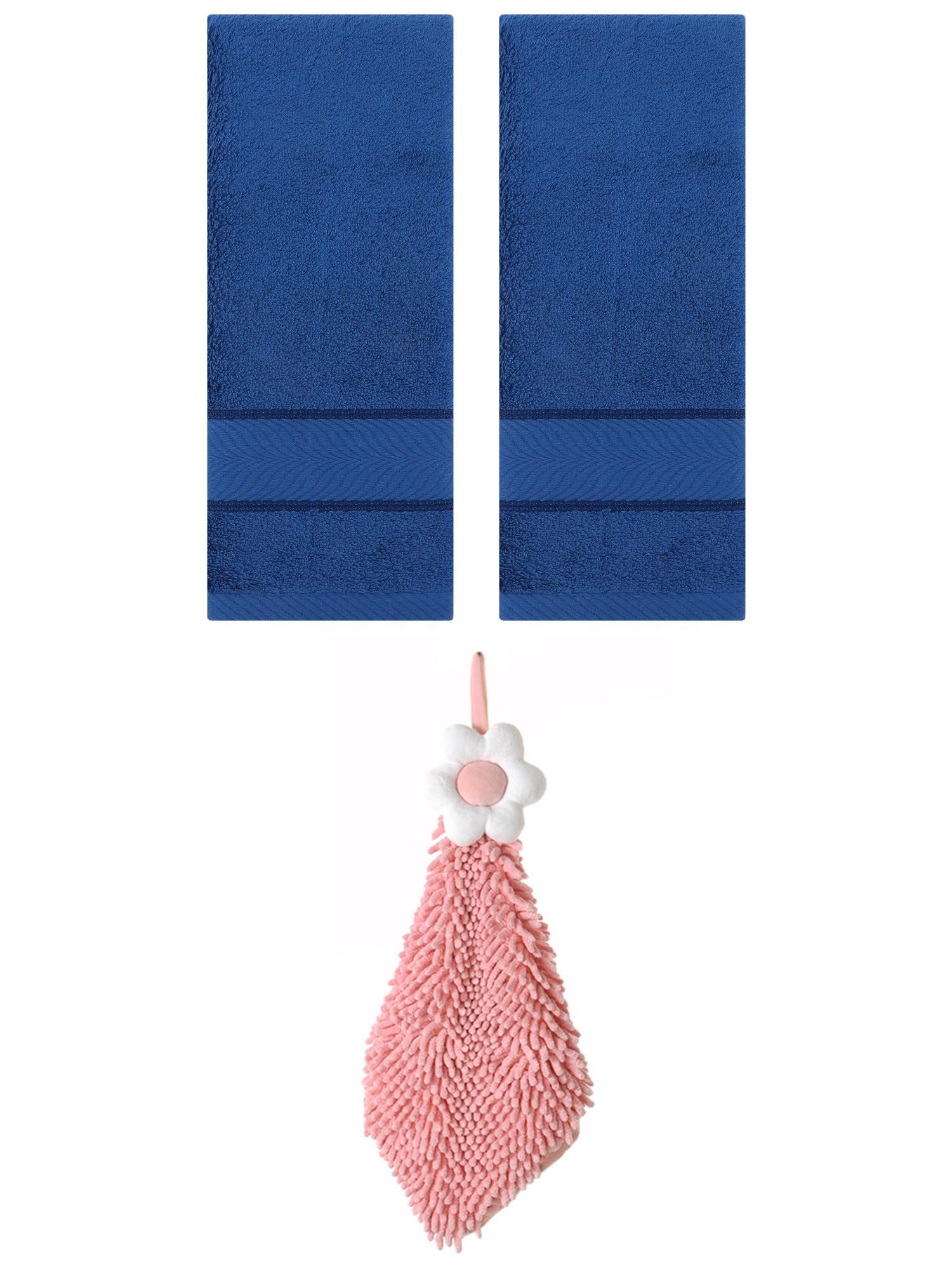 Unique Bargains 3 Pcs Soft Hand Towel Set Navy Blue/Pink-2 14" x 30"/6" x 15"