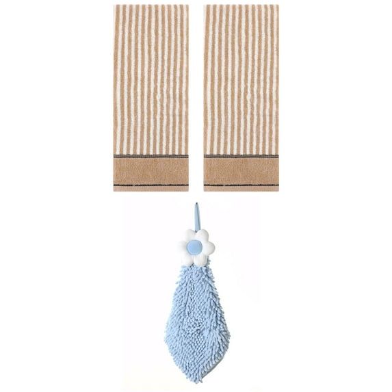 Unique Bargains 3 Pcs Soft Striped Hand Towels Brown/Blue-2 13" x 29"/6" x 15"