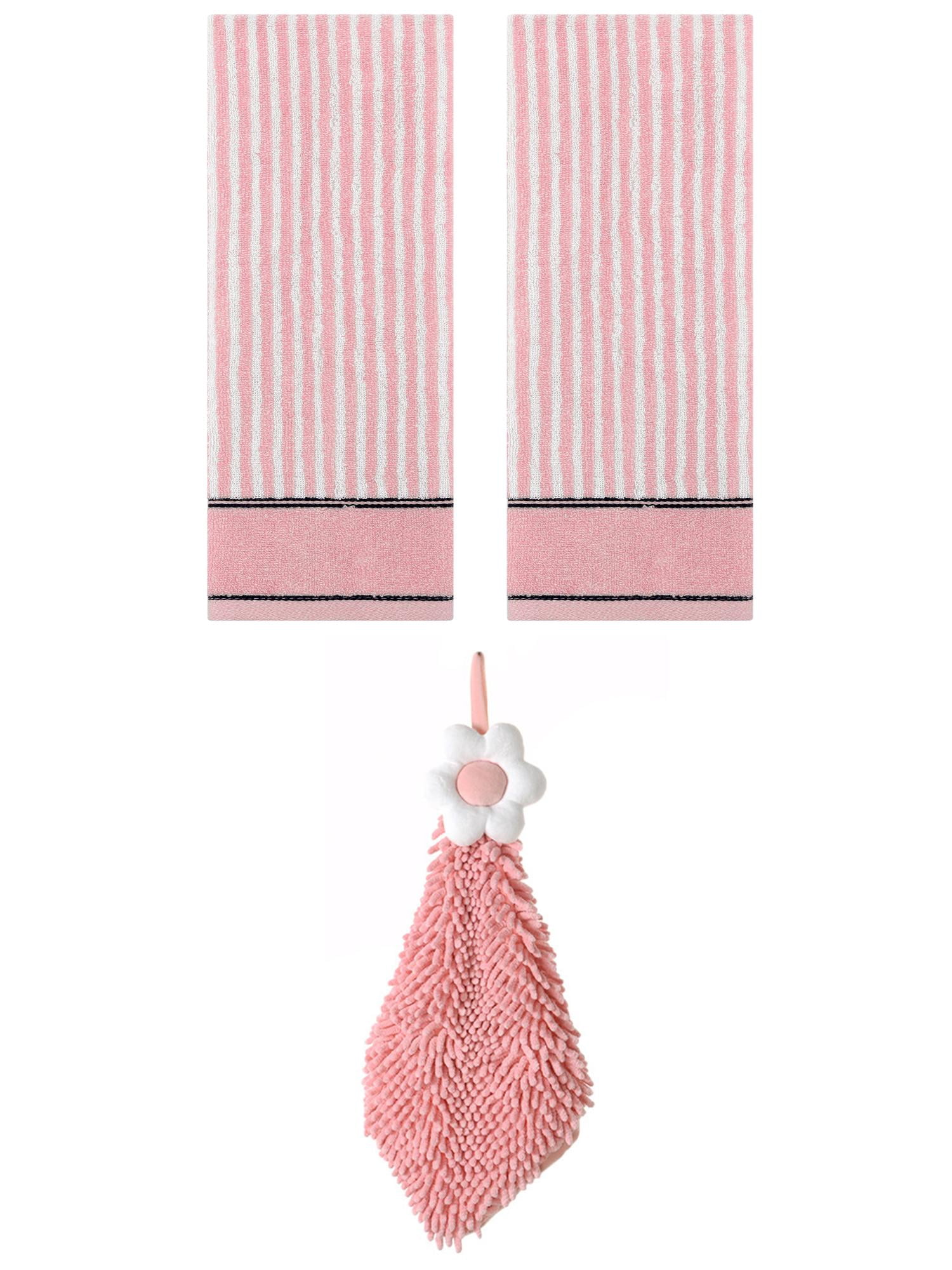 Unique Bargains 3 Pcs Soft Striped Hand Towels Pink/Pink-2 13" x 29"/6" x 15"