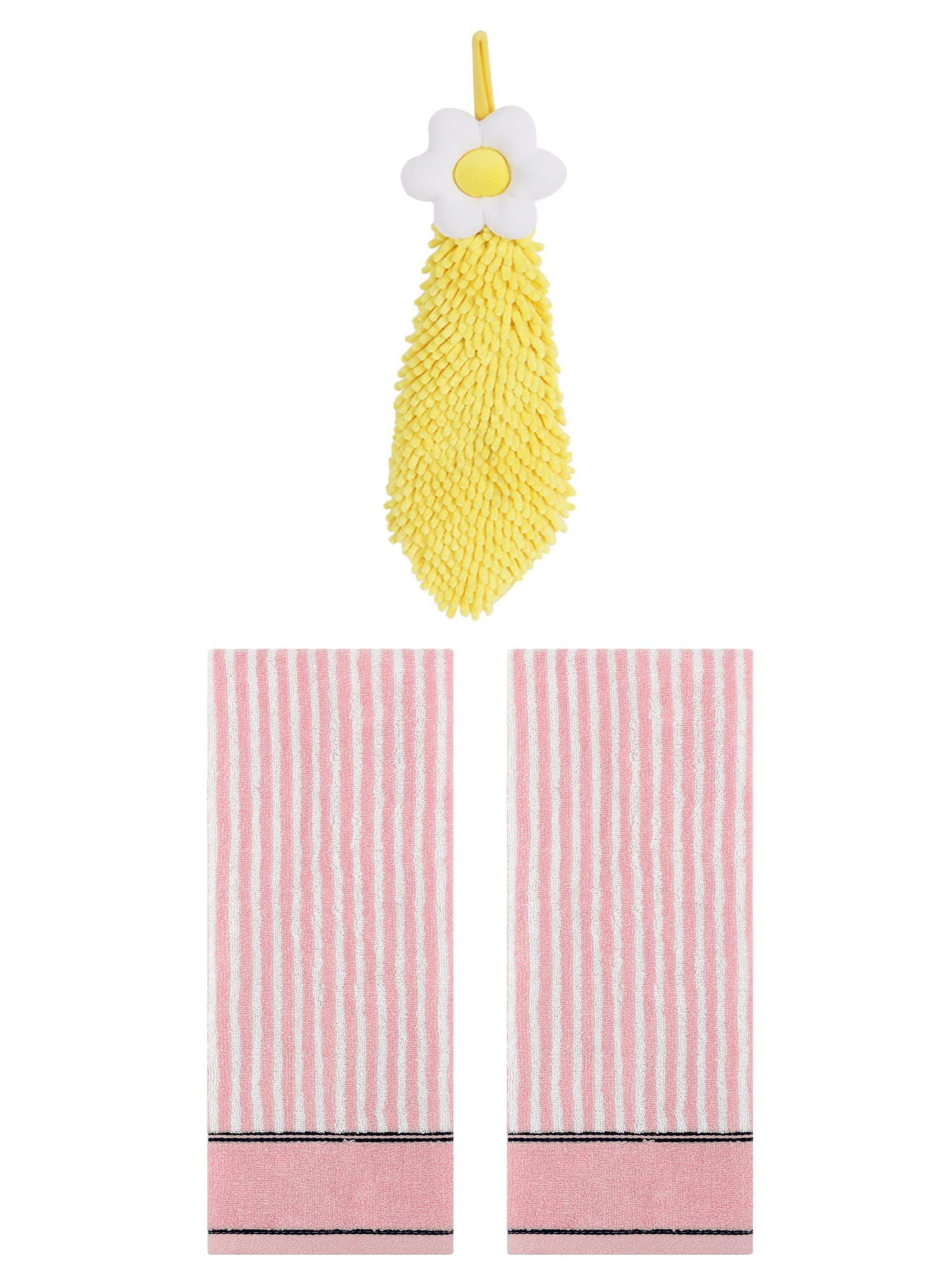 Unique Bargains 3 Pcs Soft Striped Hand Towels Pink/Yellow 13" x 29"/6" x 15"