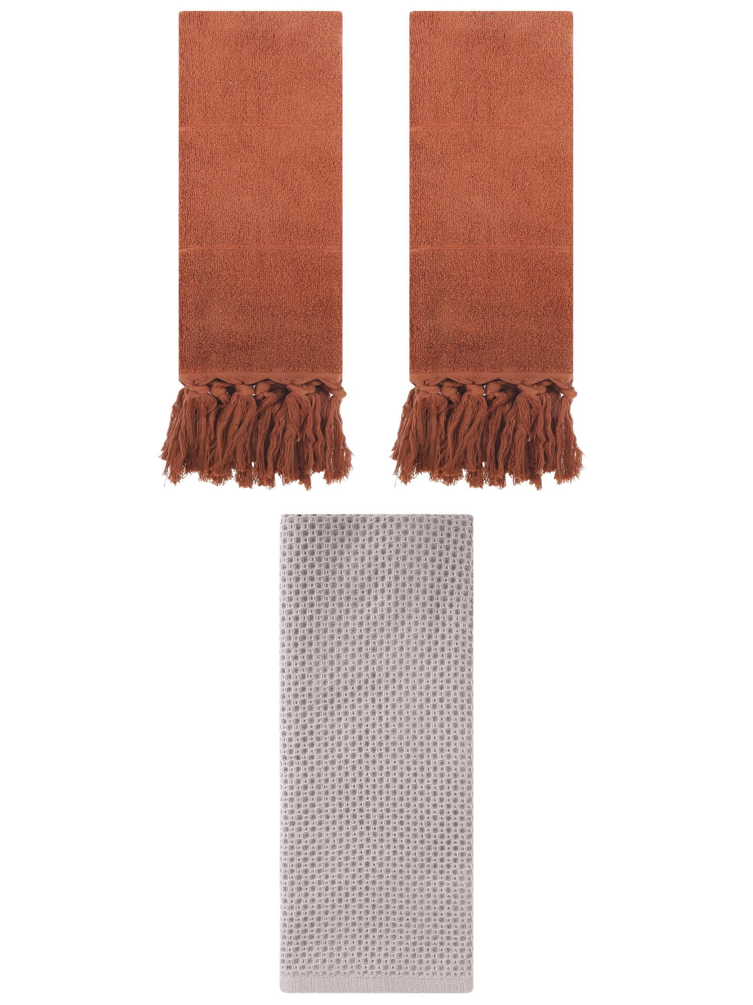 Unique Bargains 3 Pcs Soft Tassels Waffle Hand Towel Brown/Camel 14"x30"/13"x30"