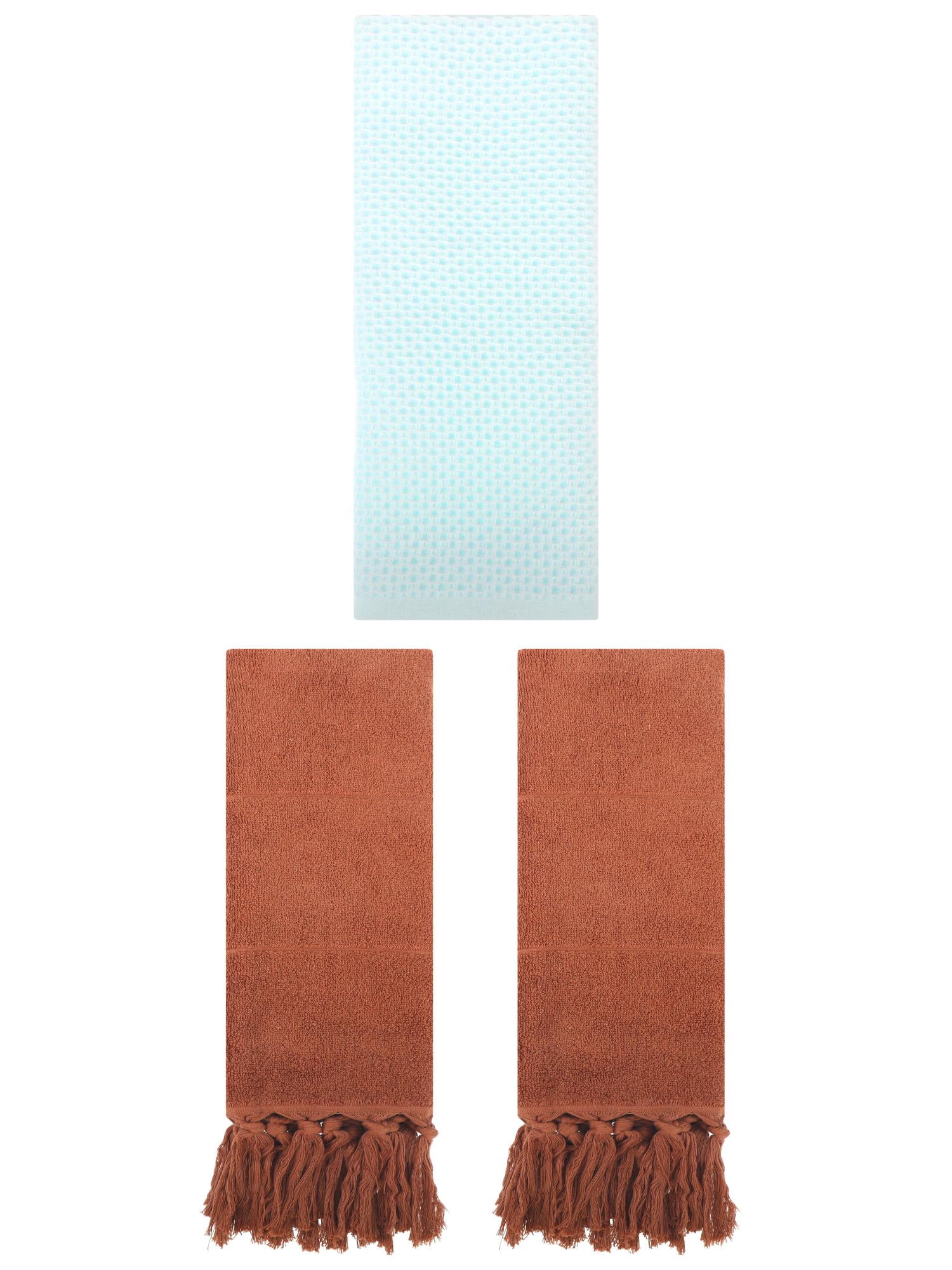 Unique Bargains 3 Pcs Soft Tassels Waffle Hand Towel Brown/Light Cyan 14"x30"/13"x30"