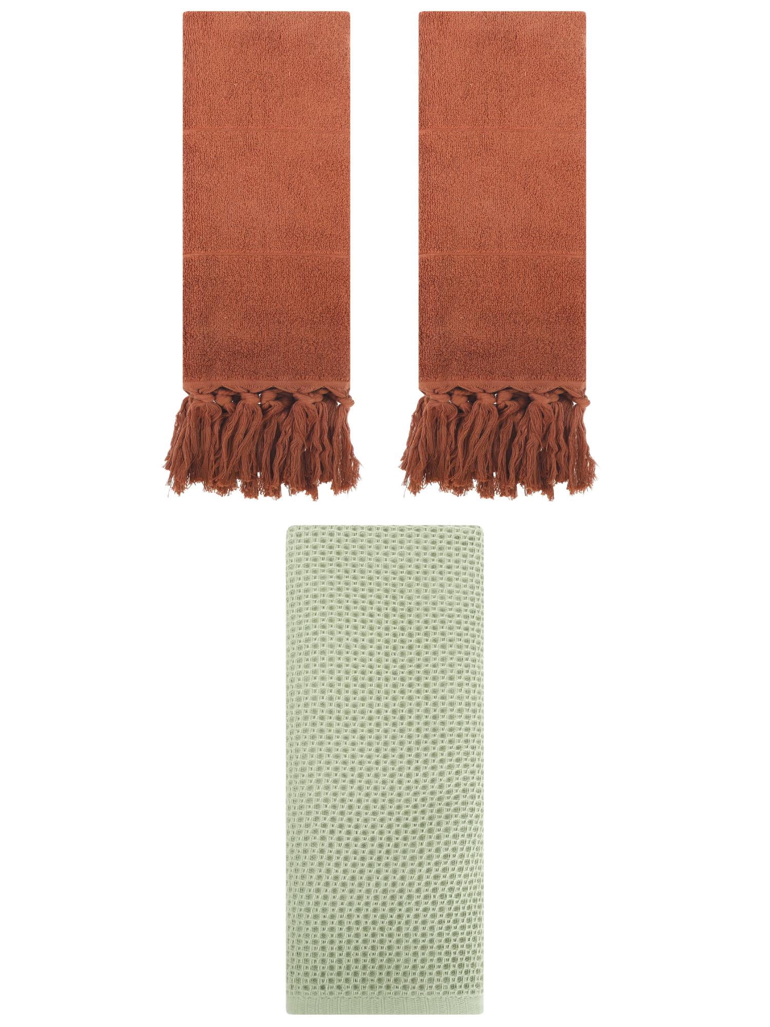 Unique Bargains 3 Pcs Soft Tassels Waffle Hand Towel Brown/Light Green 14"x30"/13"x30"