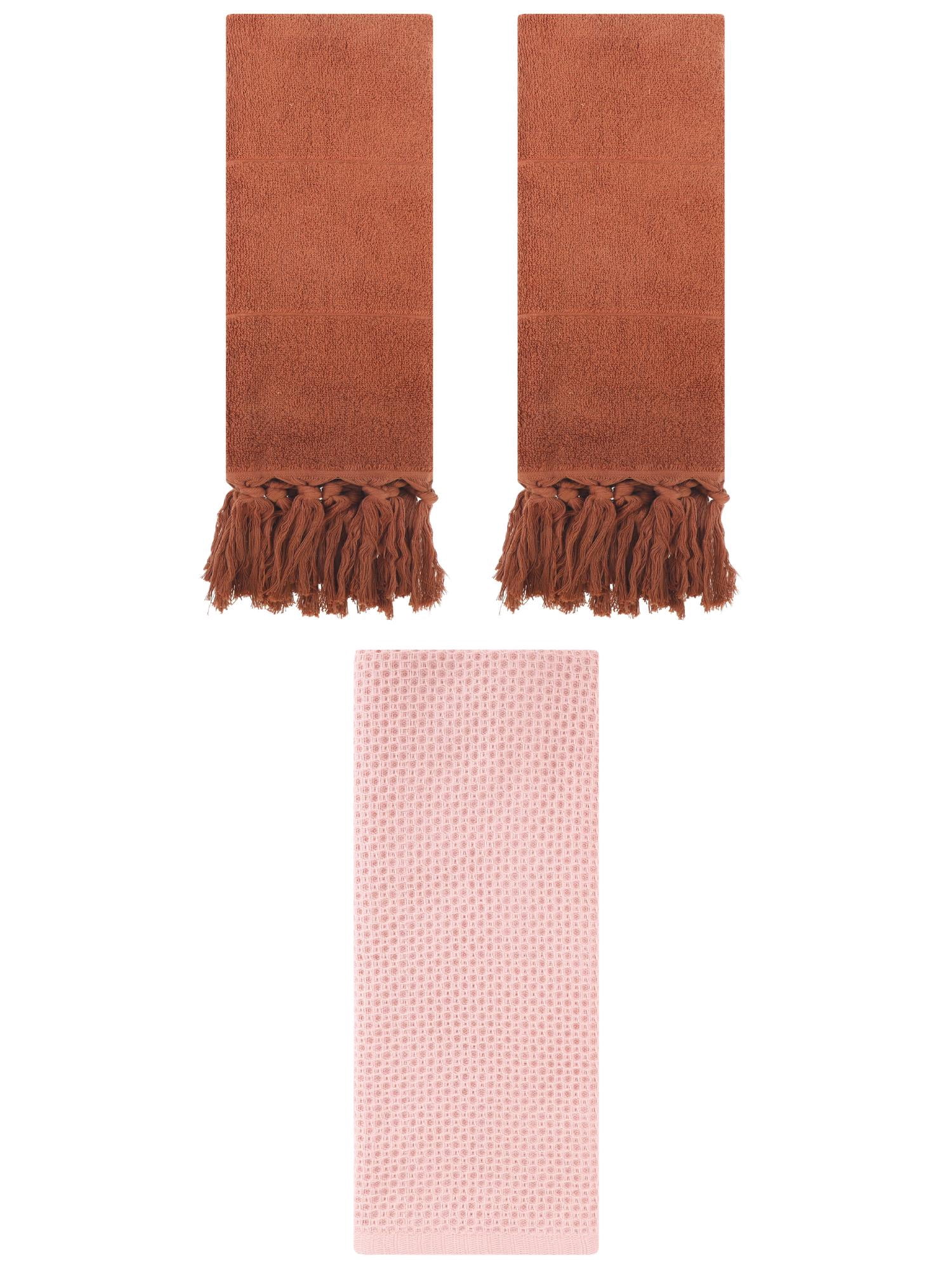 Unique Bargains 3 Pcs Soft Tassels Waffle Hand Towel Brown/Pink 14"x30"/13"x30"