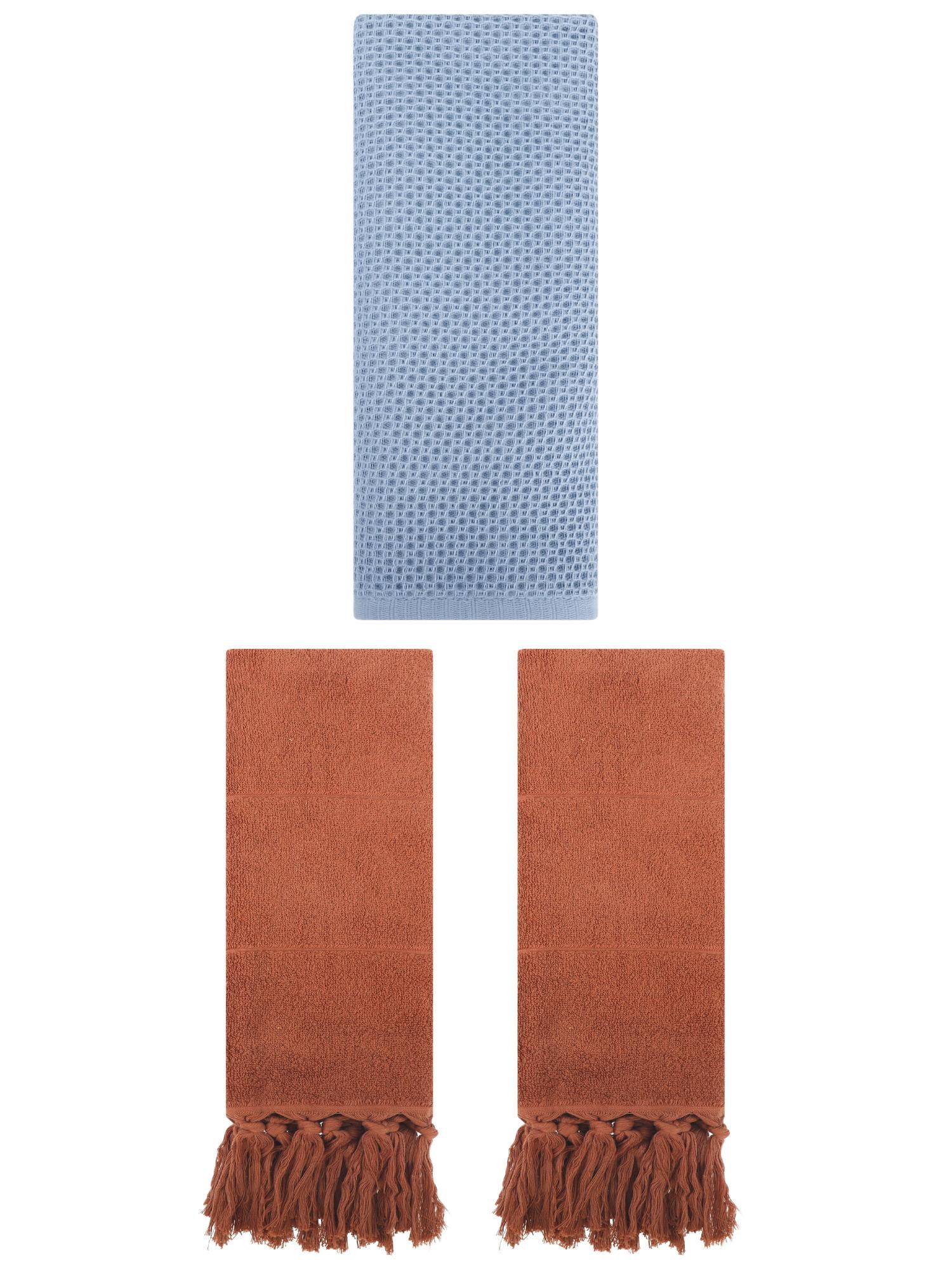 Unique Bargains 3 Pcs Soft Tassels Waffle Hand Towel Brown/Steel Blue 14"x30"/13"x30"