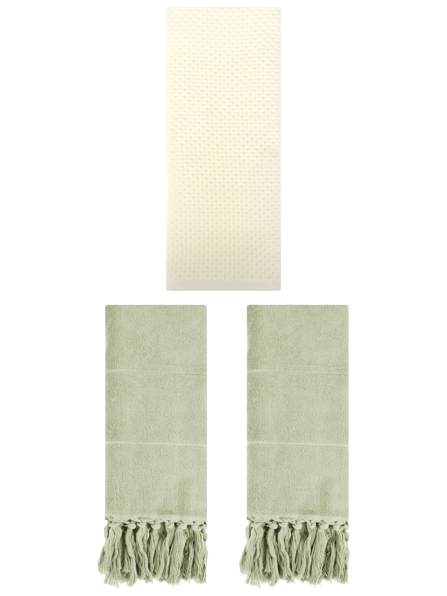 Unique Bargains 3 Pcs Soft Tassels Waffle Hand Towel Green/Beige 14"x30"/13"x30"