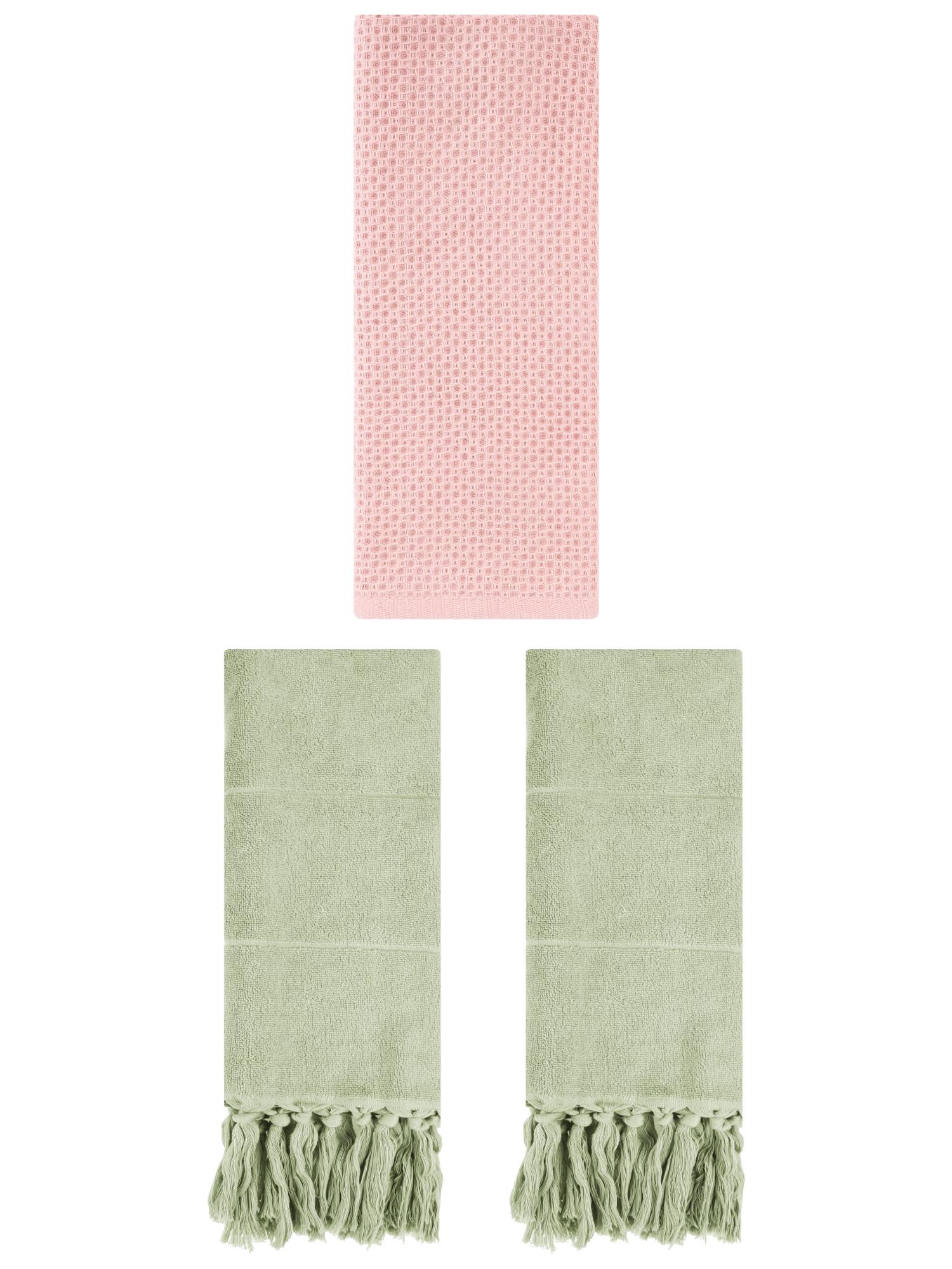 Unique Bargains 3 Pcs Soft Tassels Waffle Hand Towel Green/Pink 14"x30"/13"x30"