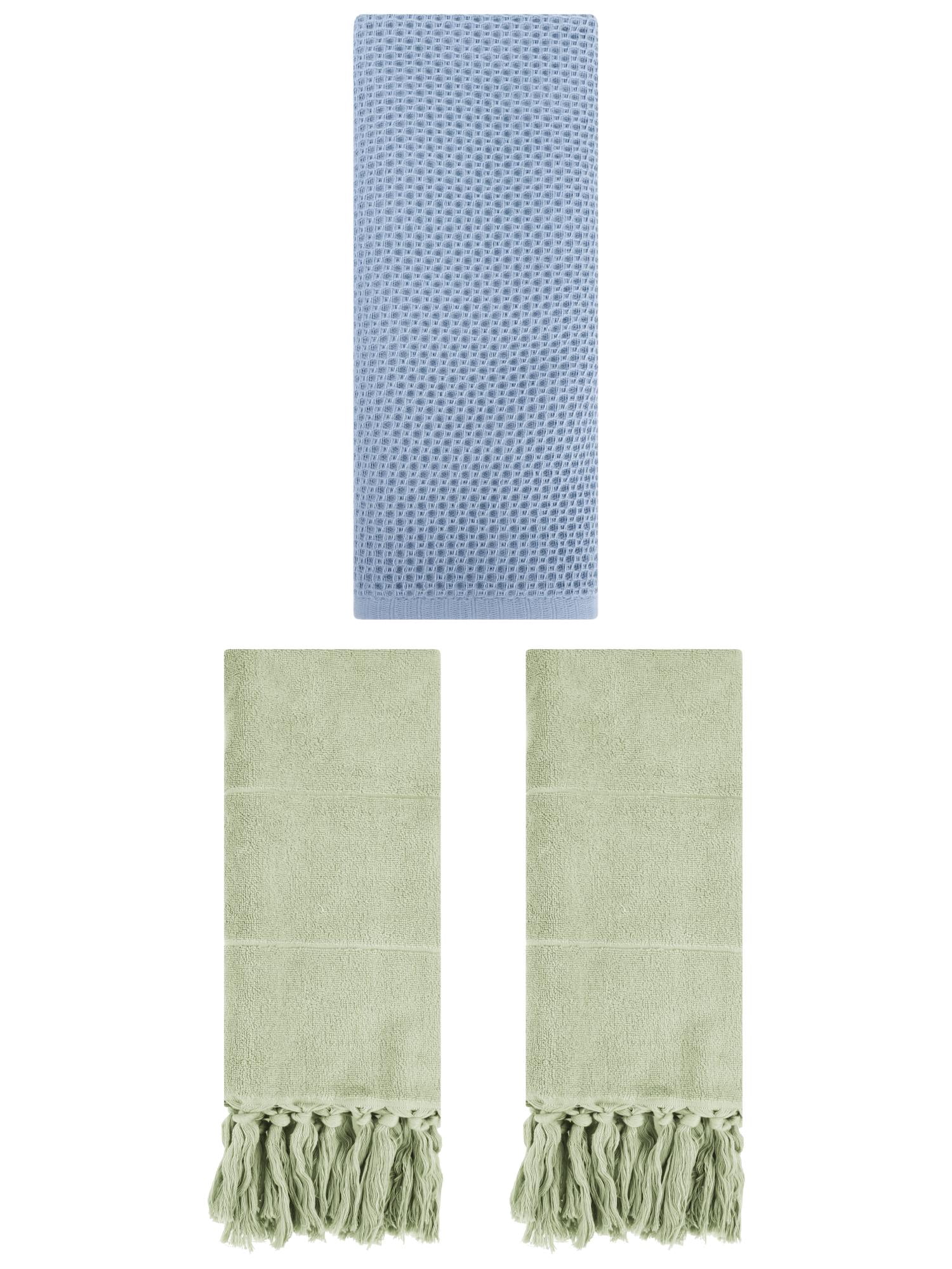 Unique Bargains 3 Pcs Soft Tassels Waffle Hand Towel Green/Steel Blue 14"x30"/13"x30"