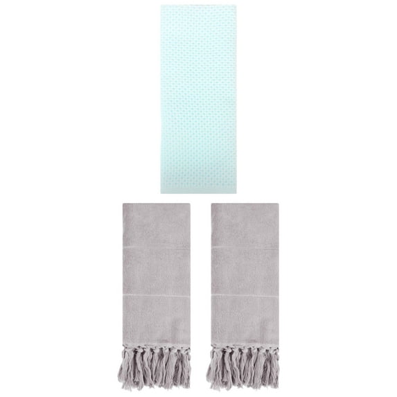 Unique Bargains 3 Pcs Soft Tassels Waffle Hand Towel Grey/Light Cyan 14"x30"/13"x30"