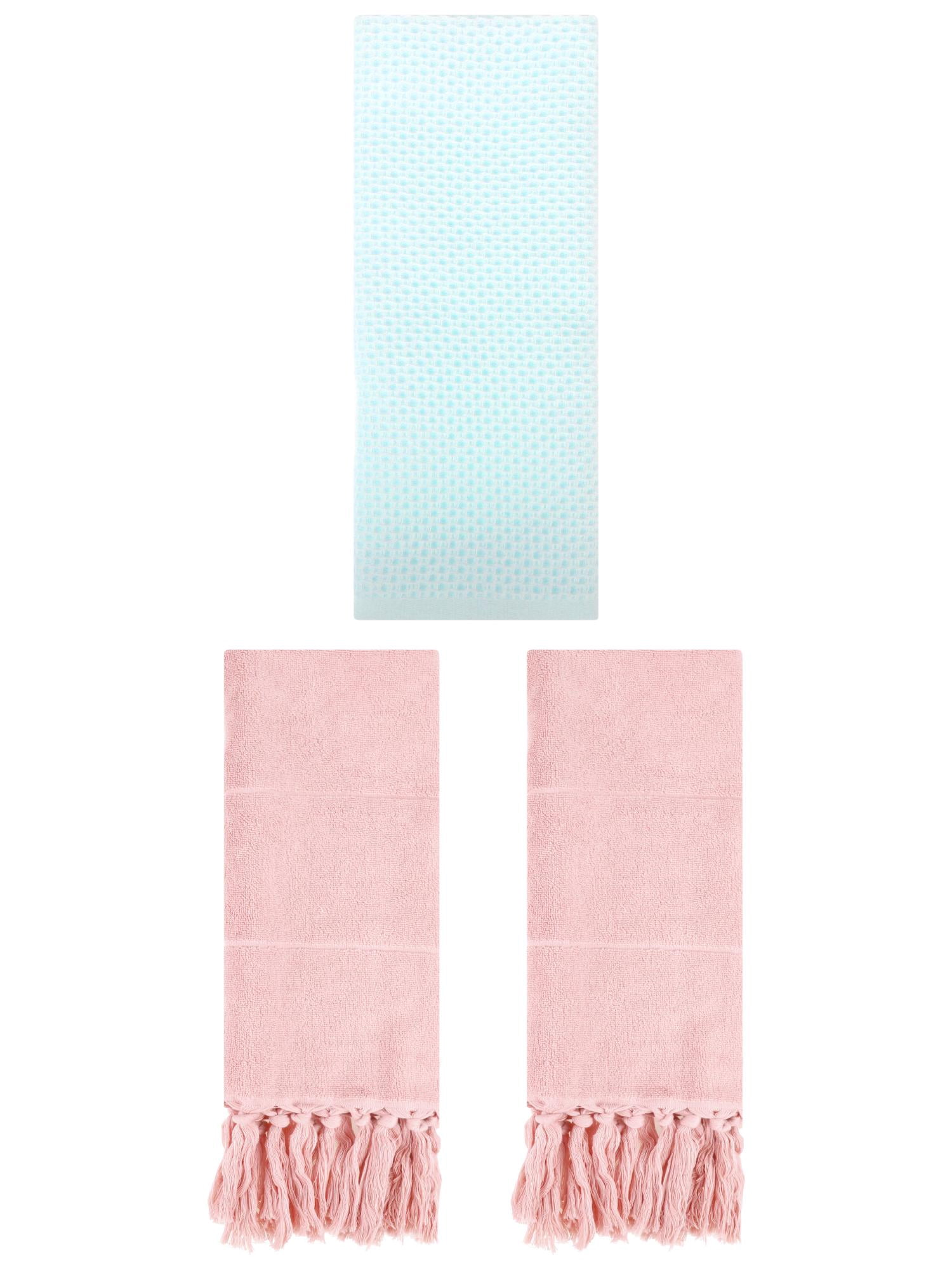 Unique Bargains 3 Pcs Soft Tassels Waffle Hand Towel Pink/Light Cyan 14"x30"/13"x30"