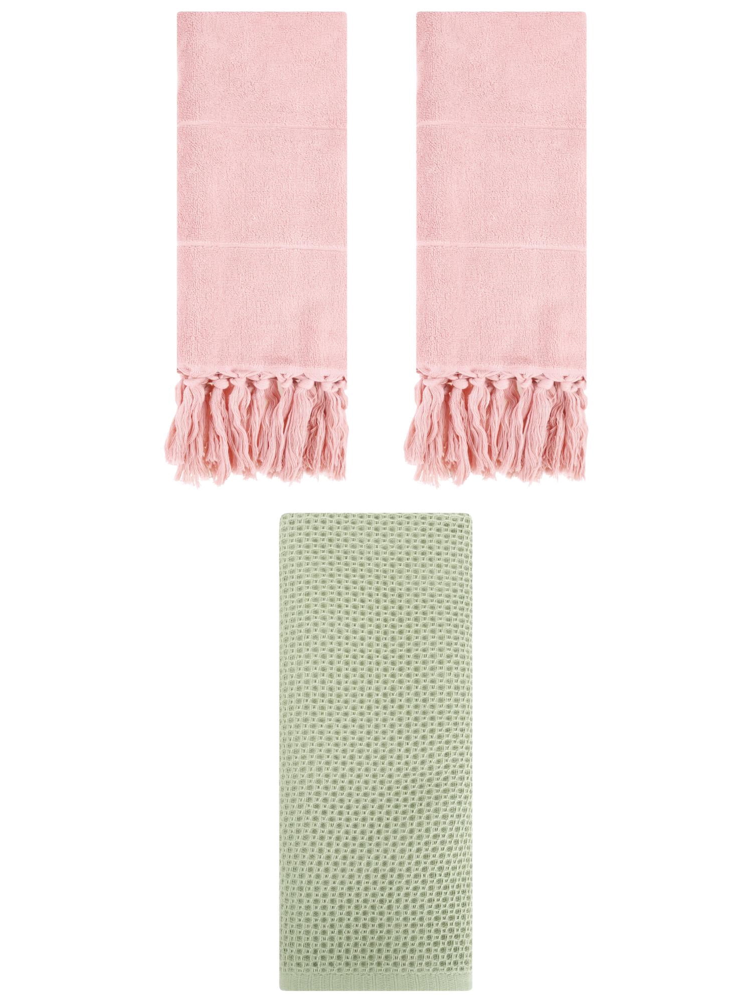 Unique Bargains 3 Pcs Soft Tassels Waffle Hand Towel Pink/Light Green 14"x30"/13"x30"