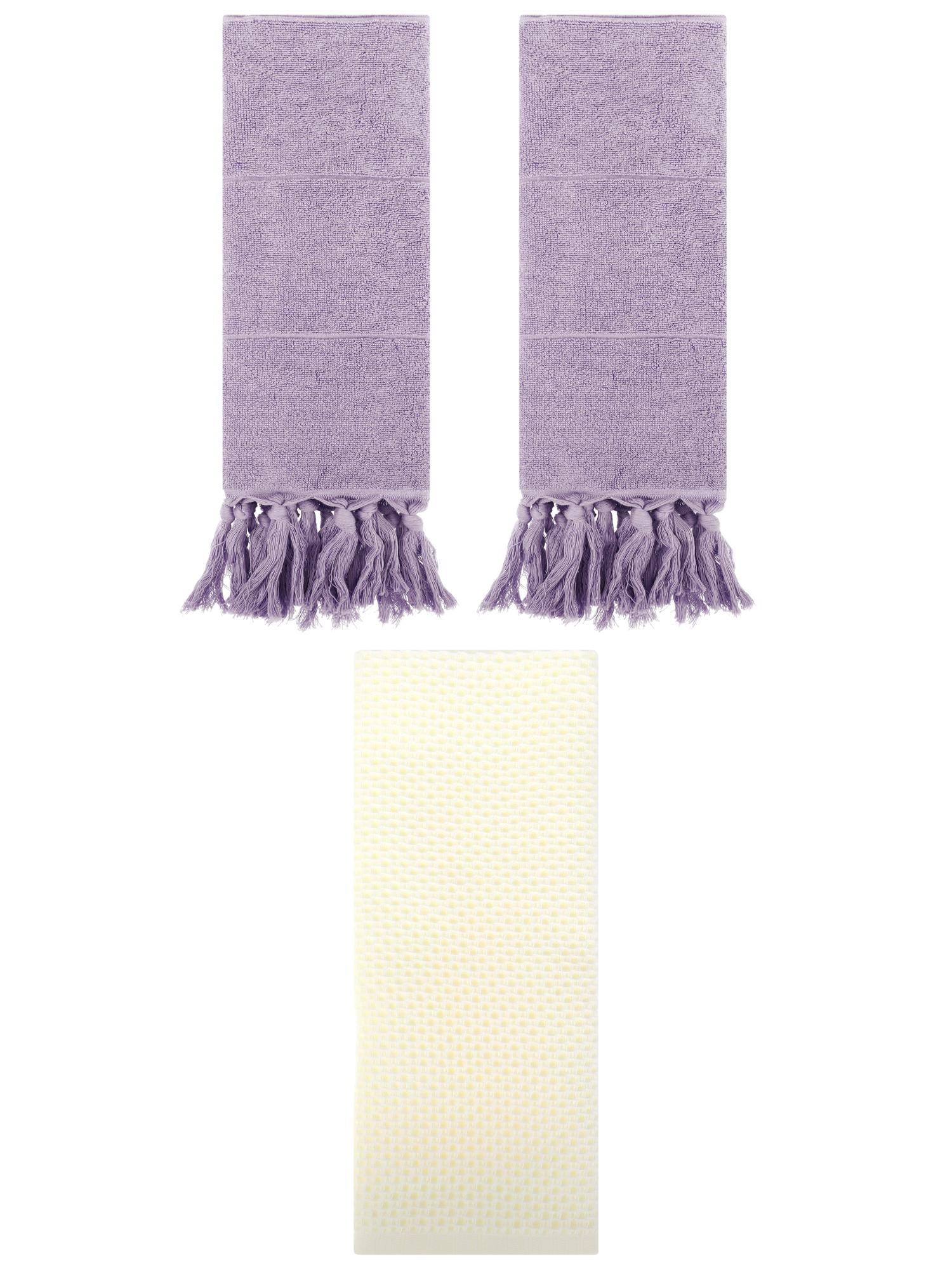 Unique Bargains 3 Pcs Soft Tassels Waffle Hand Towel Purple/Beige 14"x30"/13"x30"