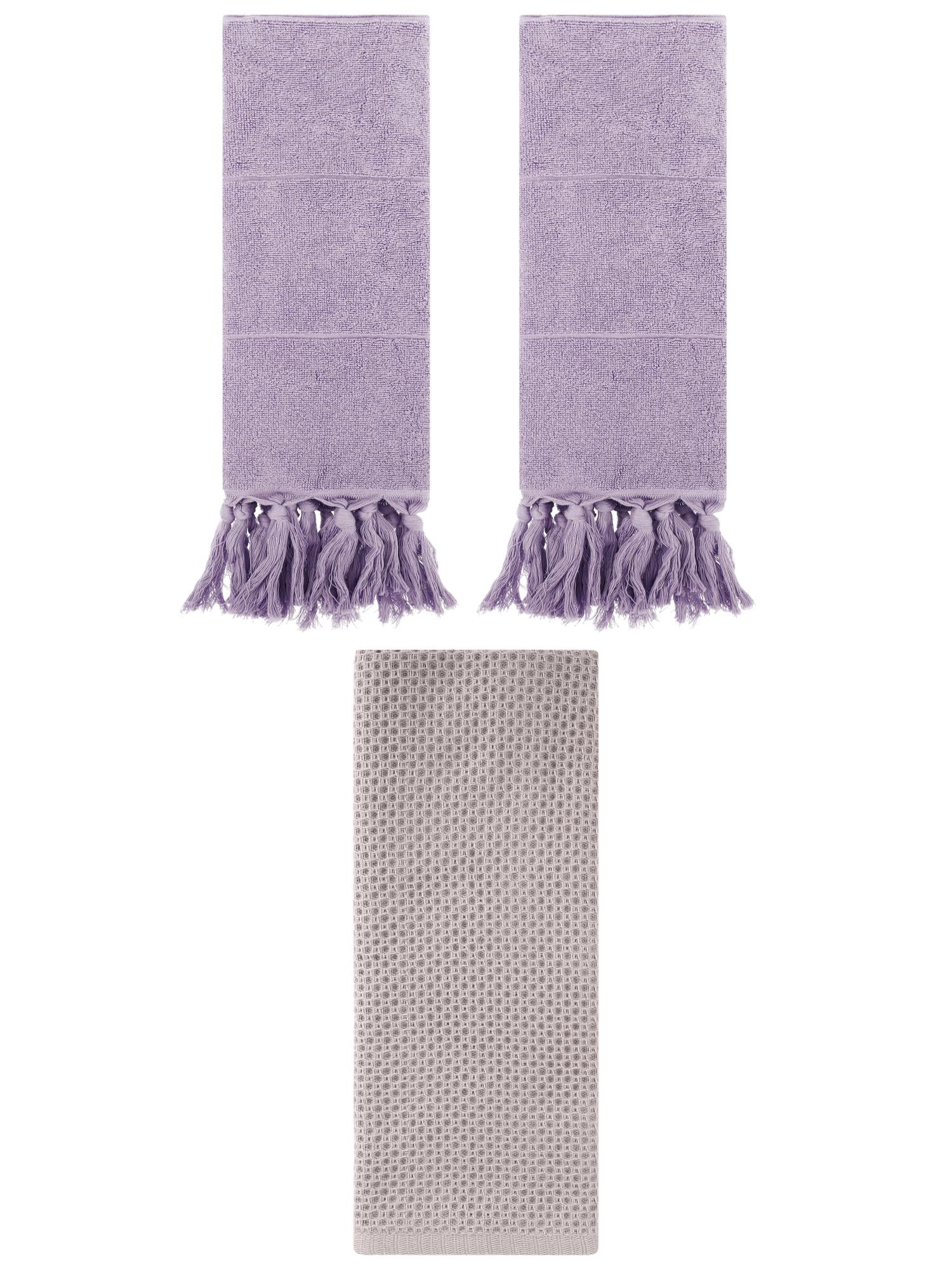 Unique Bargains 3 Pcs Soft Tassels Waffle Hand Towel Purple/Camel 14"x30"/13"x30"