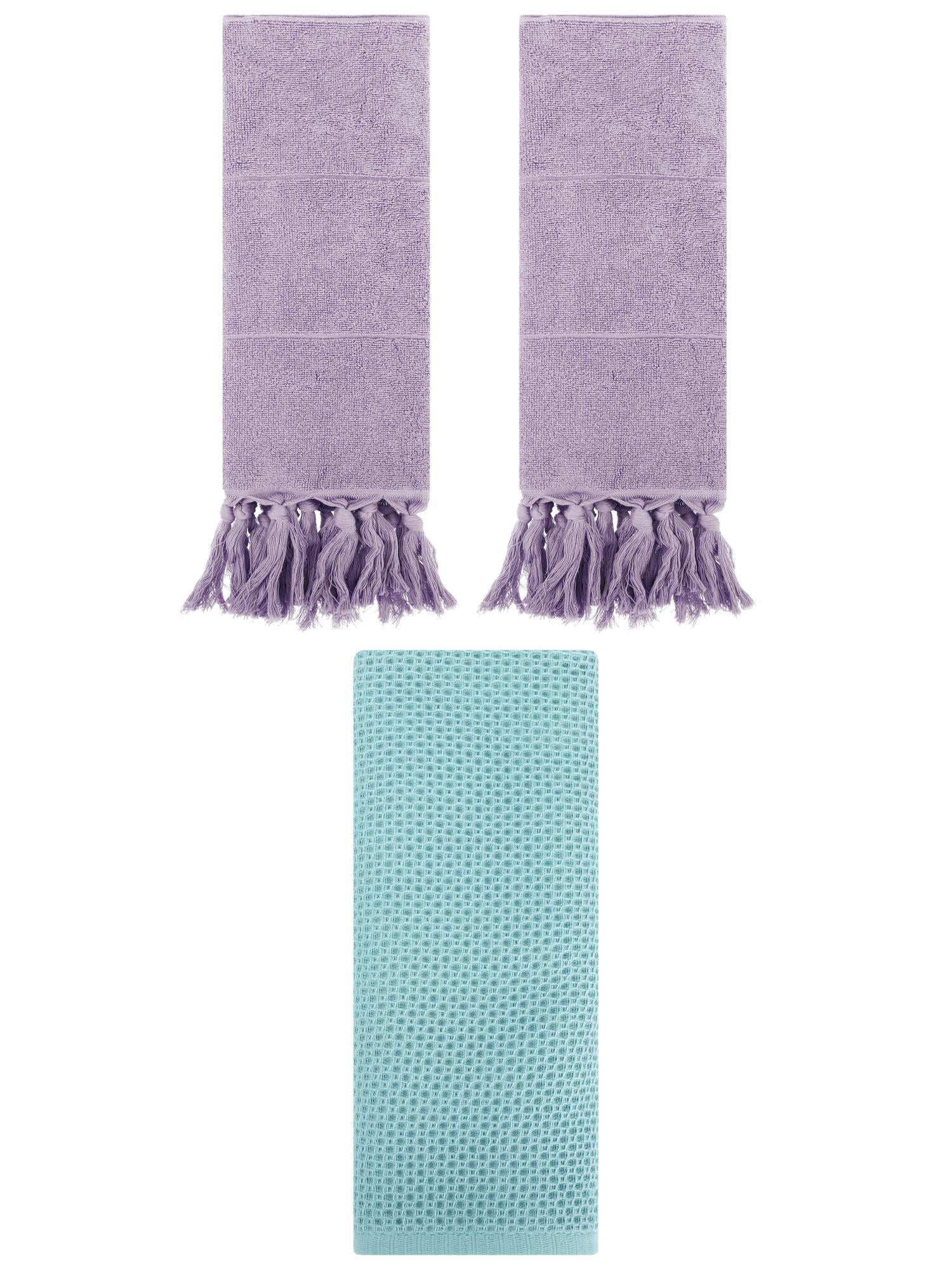 Unique Bargains 3 Pcs Soft Tassels Waffle Hand Towel Purple/Light Blue 14"x30"/13"x30"