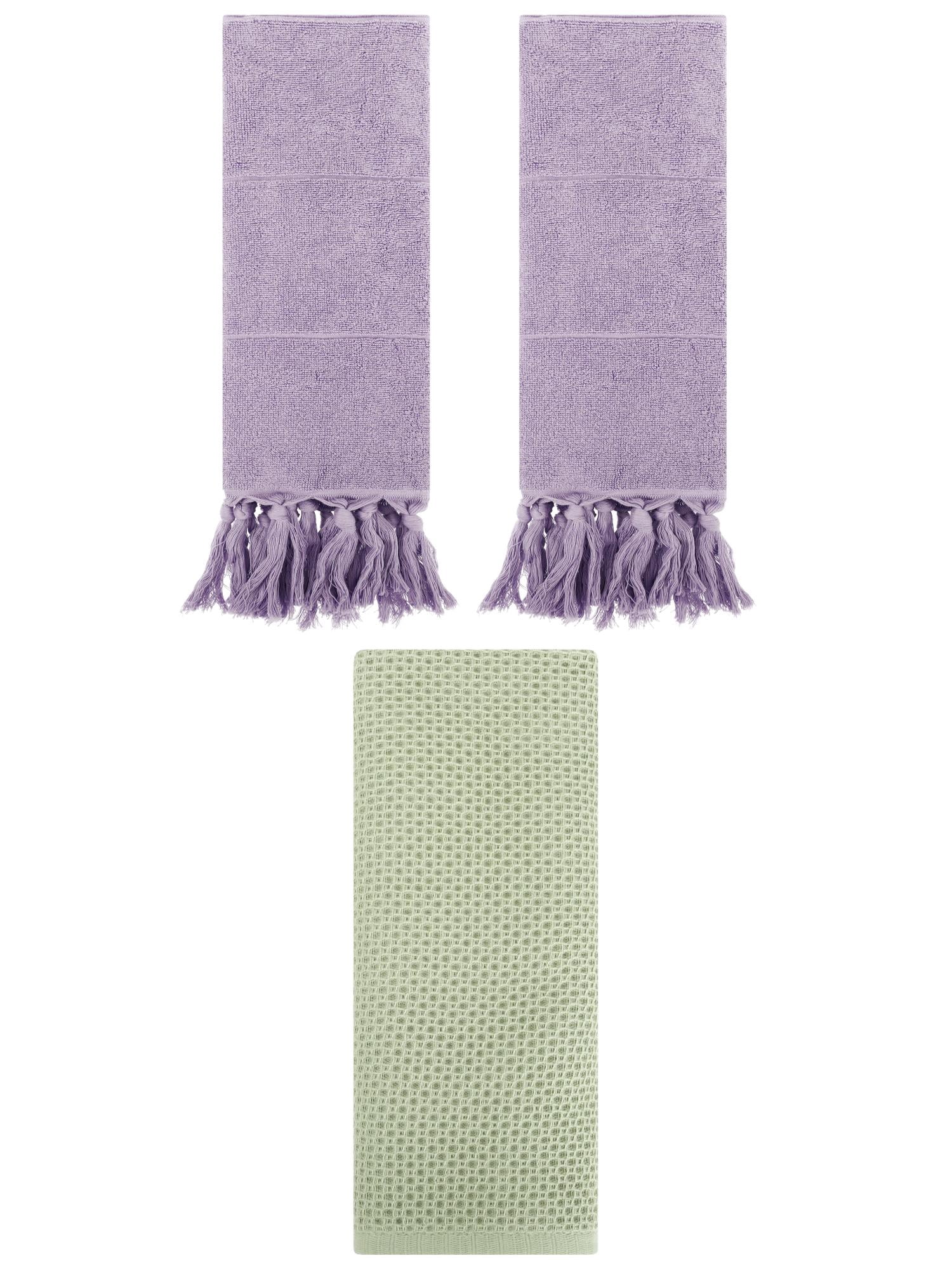 Unique Bargains 3 Pcs Soft Tassels Waffle Hand Towel Purple/Light Green 14"x30"/13"x30"
