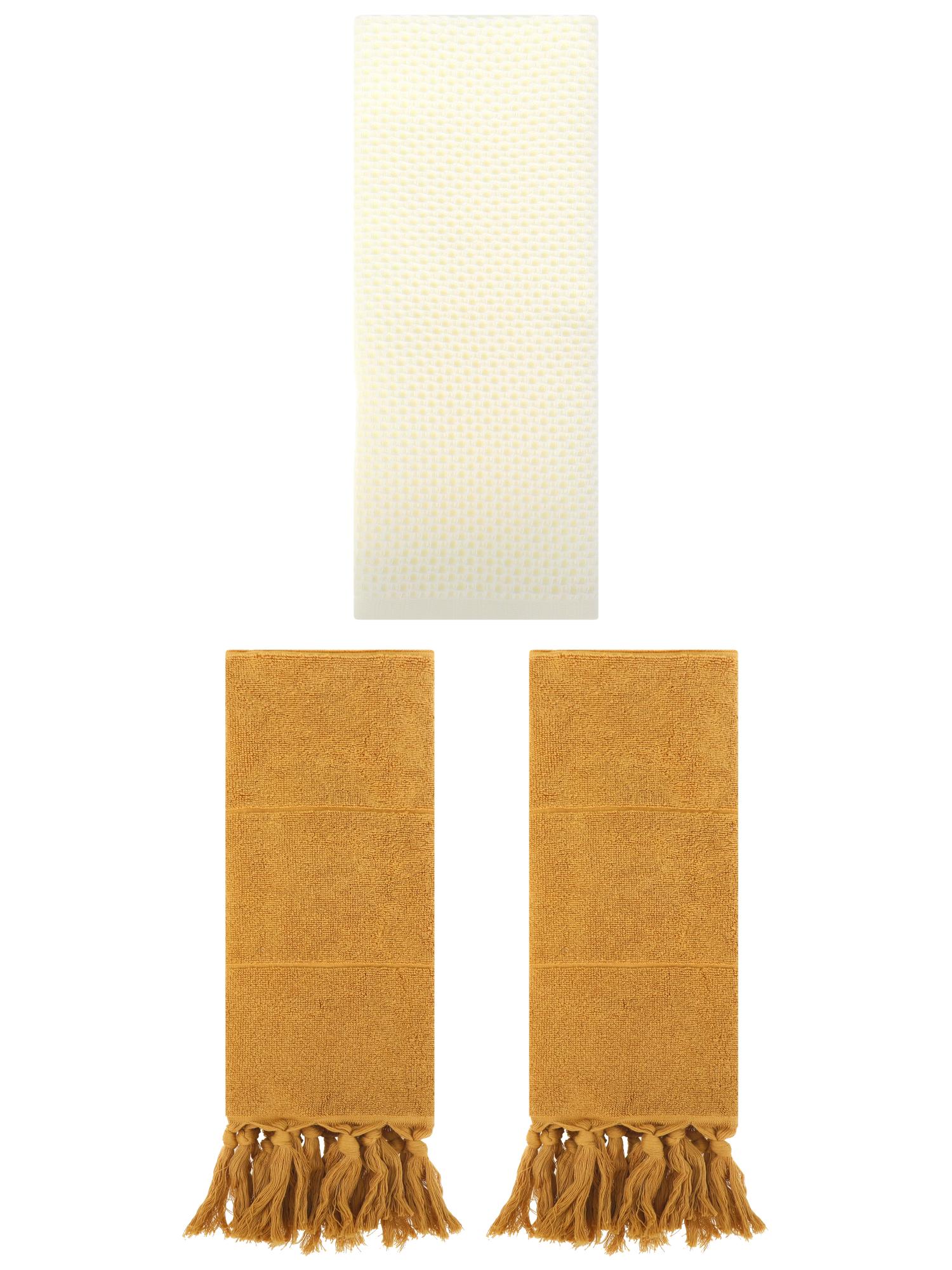 Unique Bargains 3 Pcs Soft Tassels Waffle Hand Towel Yellow/Beige 14"x30"/13"x30"