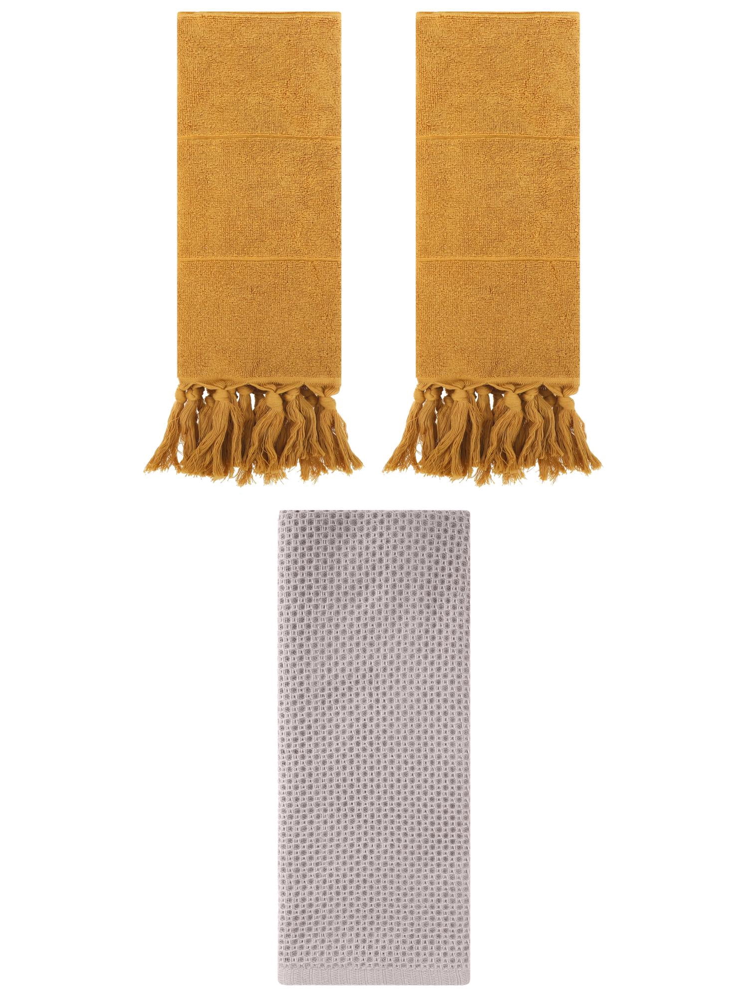 Unique Bargains 3 Pcs Soft Tassels Waffle Hand Towel Yellow/Camel 14"x30"/13"x30"