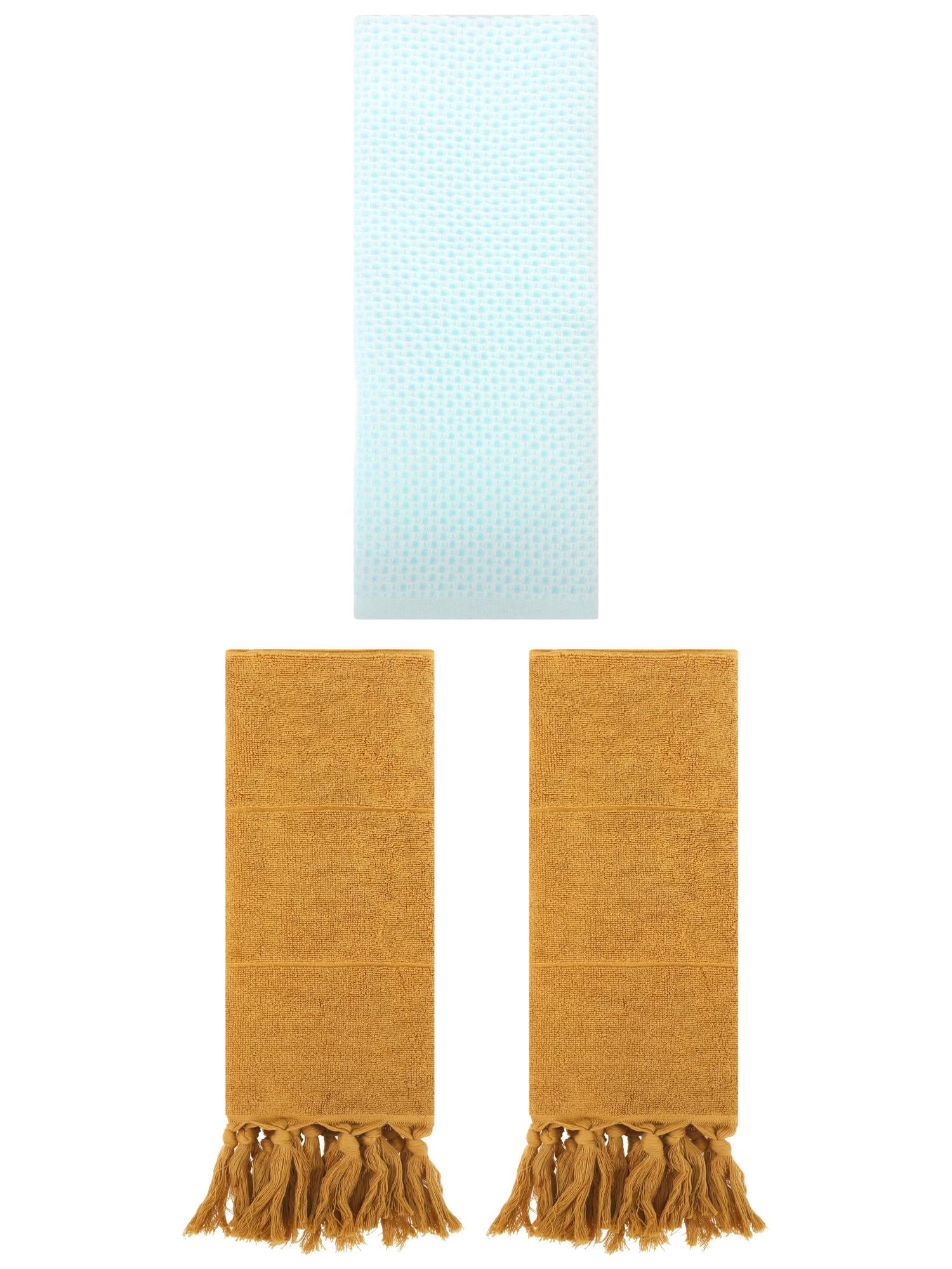 Unique Bargains 3 Pcs Soft Tassels Waffle Hand Towel Yellow/Light Cyan 14"x30"/13"x30"