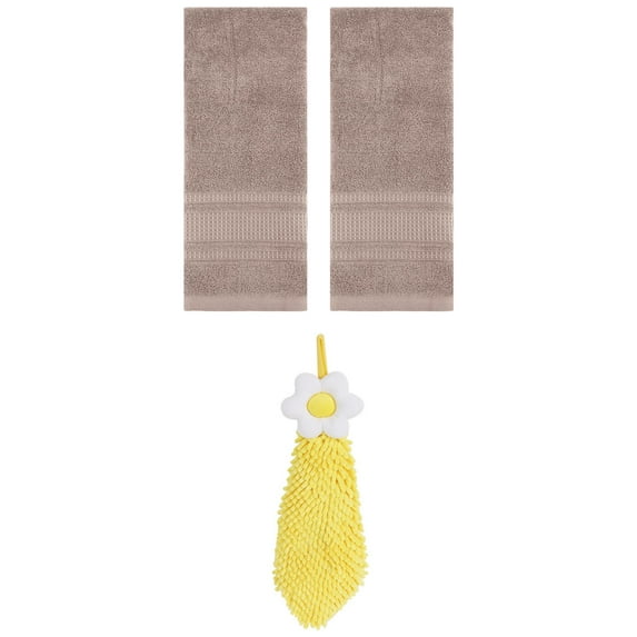 Unique Bargains 3 Pcs Solid Soft Hand Towels Brown/Yellow 13" x 29"/6" x 15"