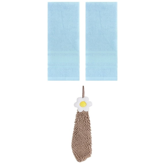 Unique Bargains 3 Pcs Solid Soft Hand Towels Light Blue/Brown 13" x 29"/6" x 15"