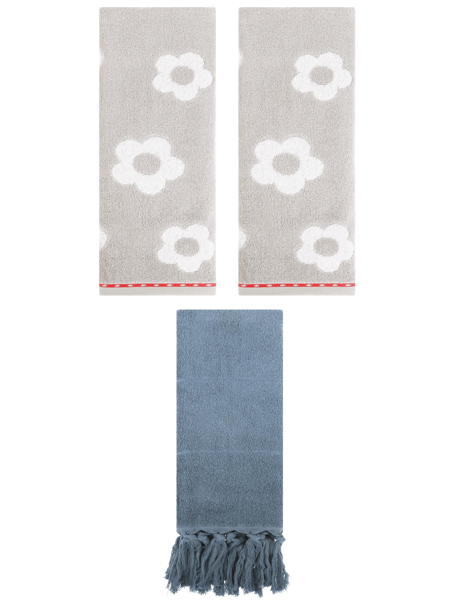 Unique Bargains 3 Pack Solid and Floral Soft Absorbent Cotton Hand Towels 14" x 30" Blue/Grey