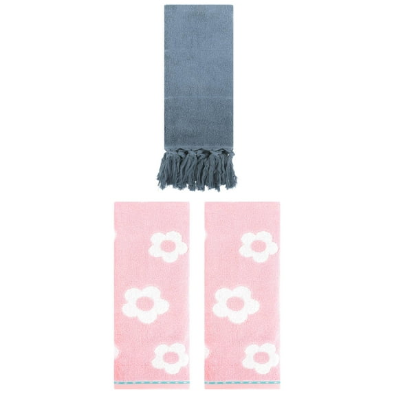 Unique Bargains 3 Pack Solid and Floral Soft Absorbent Cotton Hand Towels 14" x 30" Blue/Pink