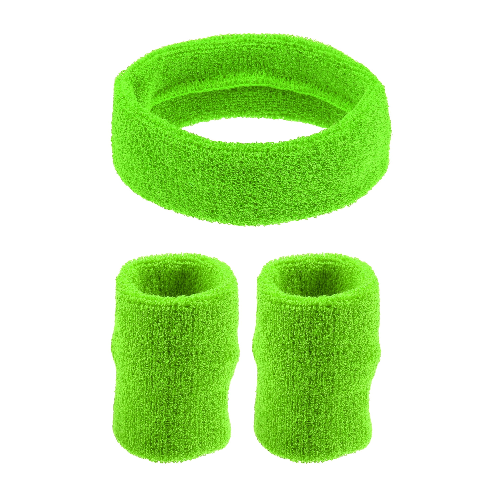 Unique Bargains 3 Pcs Sport Headband Wristband Sweatband Cotton Blend Fluorescent Green