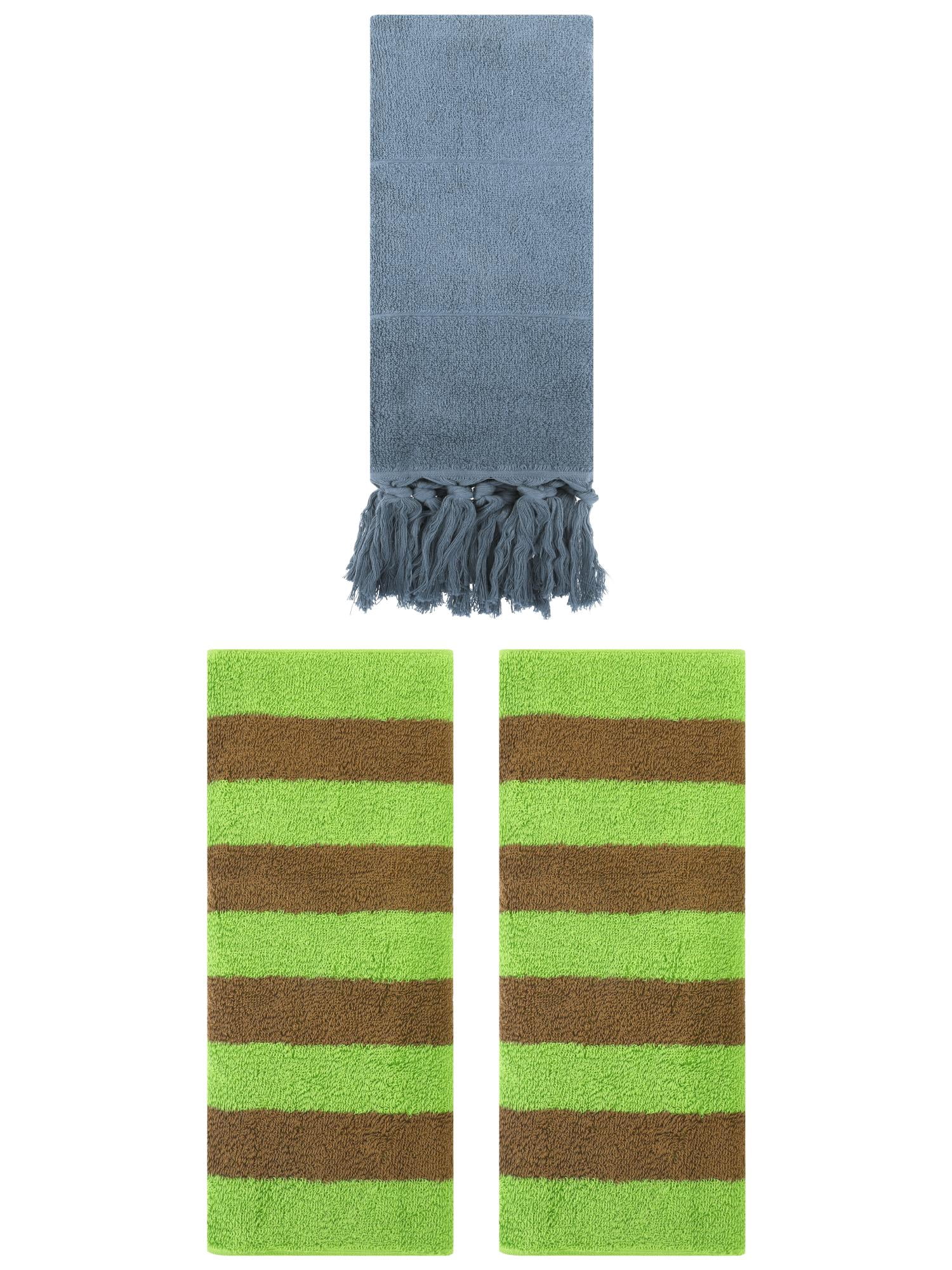 Unique Bargains 3 Pack Striped and Solid Tassels Absorbent Cotton Hand Towel for Bathroom Blue/Green Brown
