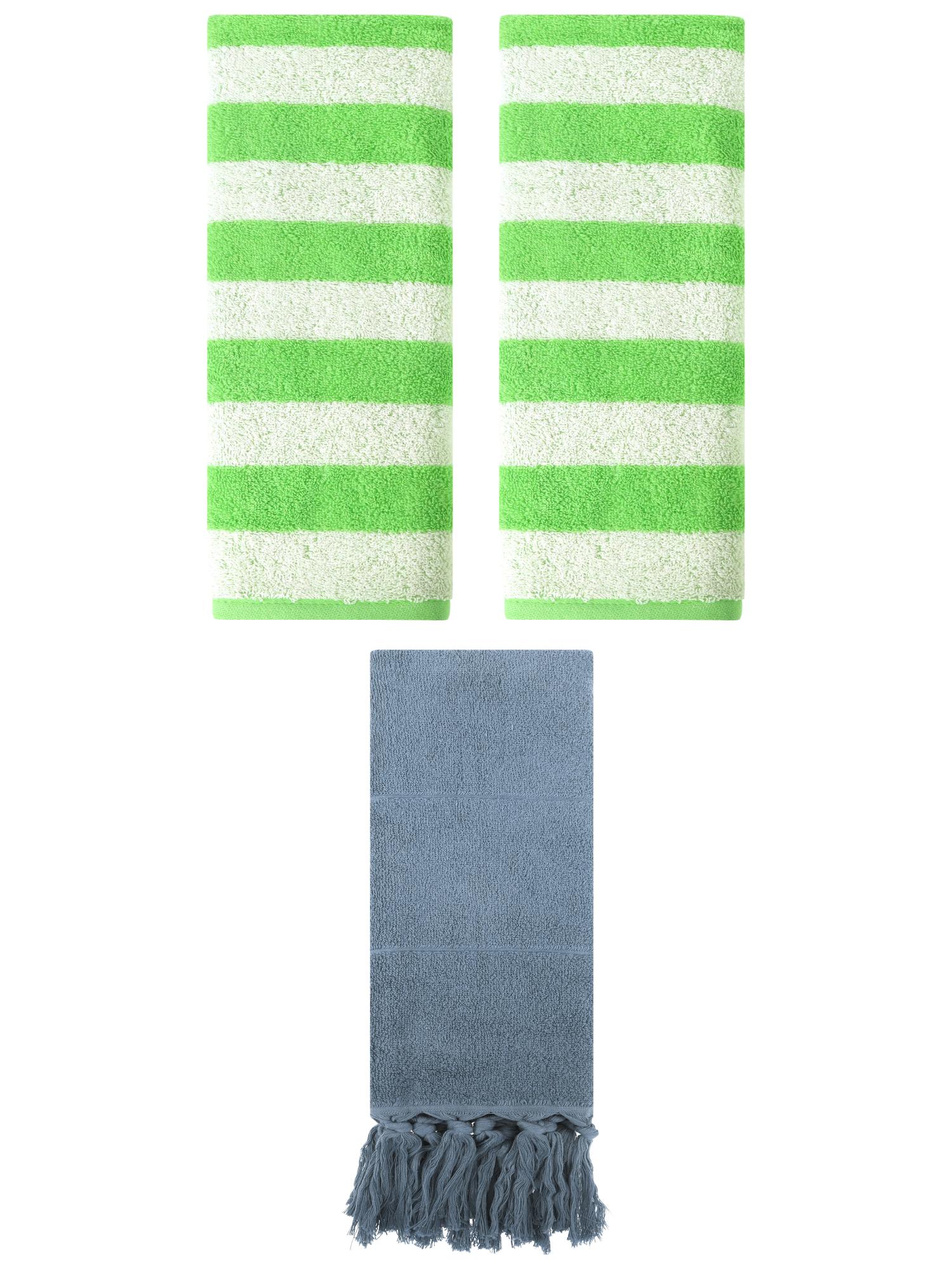 Unique Bargains 3 Pack Striped and Solid Tassels Absorbent Cotton Hand Towel for Bathroom Blue/Green