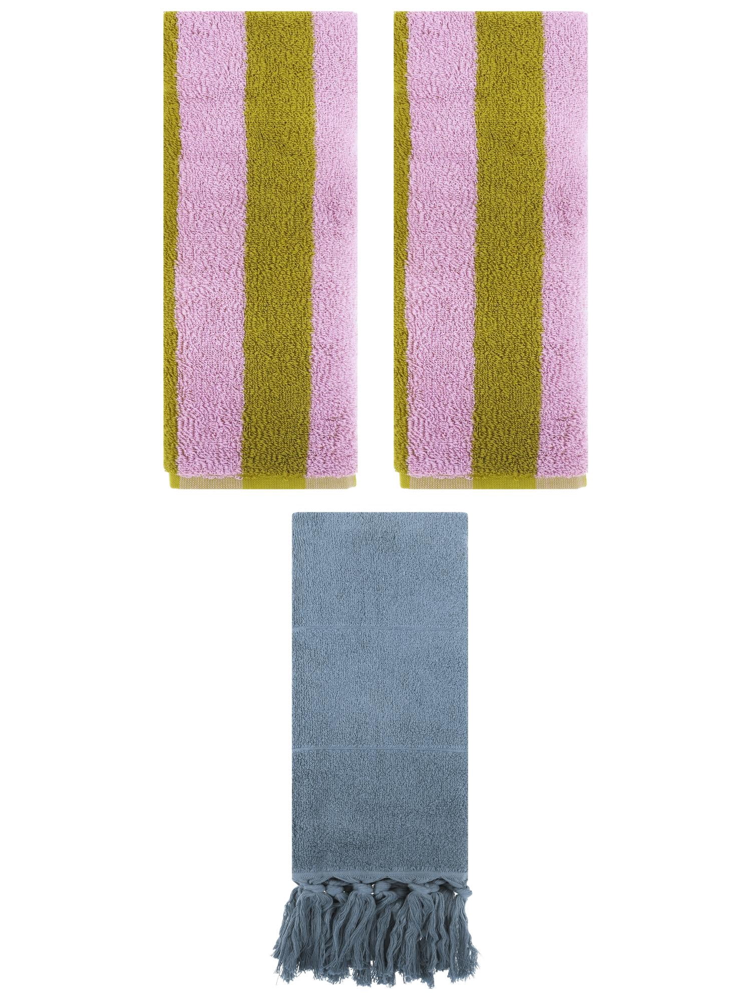 Unique Bargains 3 Pack Striped and Solid Tassels Absorbent Cotton Hand Towel for Bathroom Blue/Pink Brown