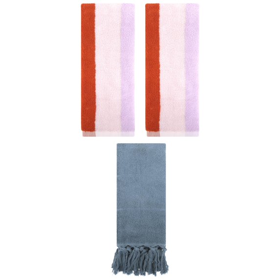 Unique Bargains 3 Pack Striped and Solid Tassels Absorbent Cotton Hand Towel for Bathroom Blue/Purple Orange