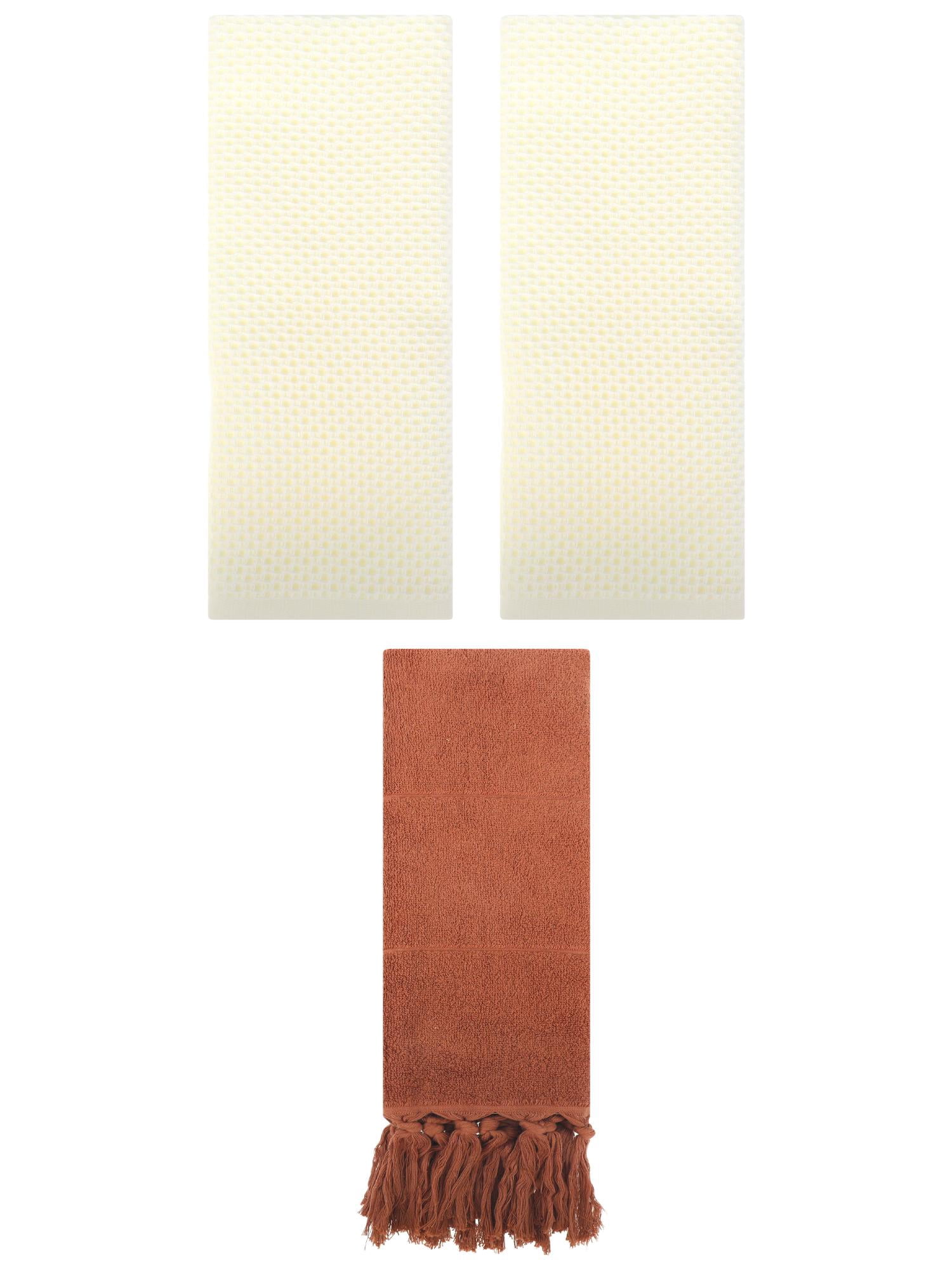 Unique Bargains 3 Pcs Tassels Waffle Hand Towel Brown/Beige 14"x30"/13"x30"