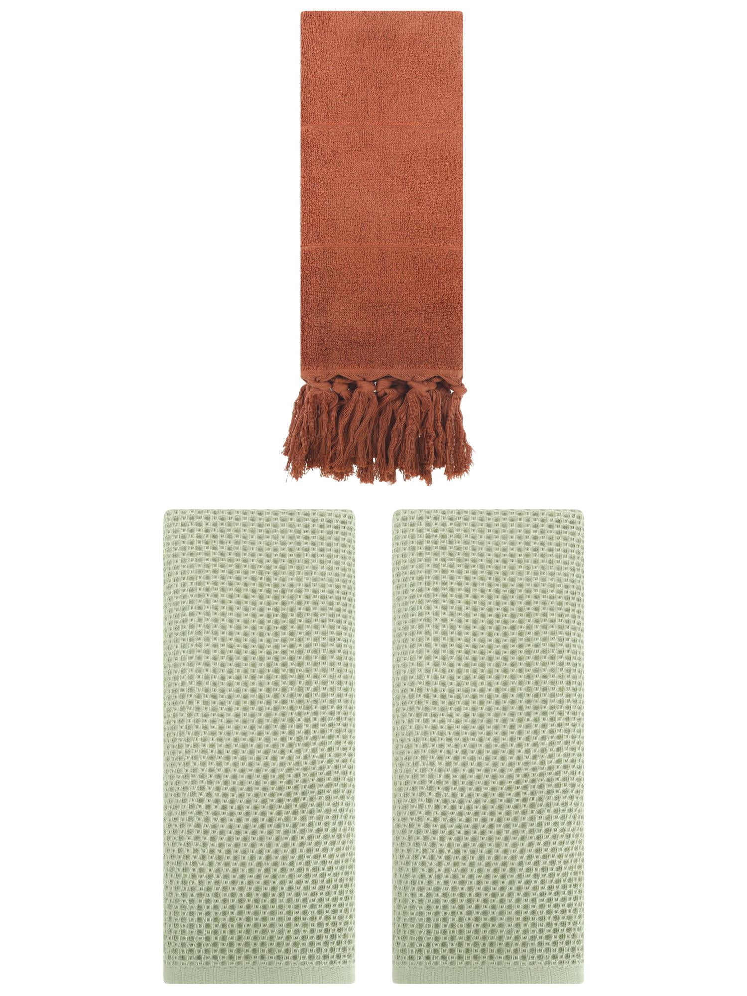 Unique Bargains 3 Pcs Tassels Waffle Hand Towel Brown/Light Green 14"x30"/13"x30"