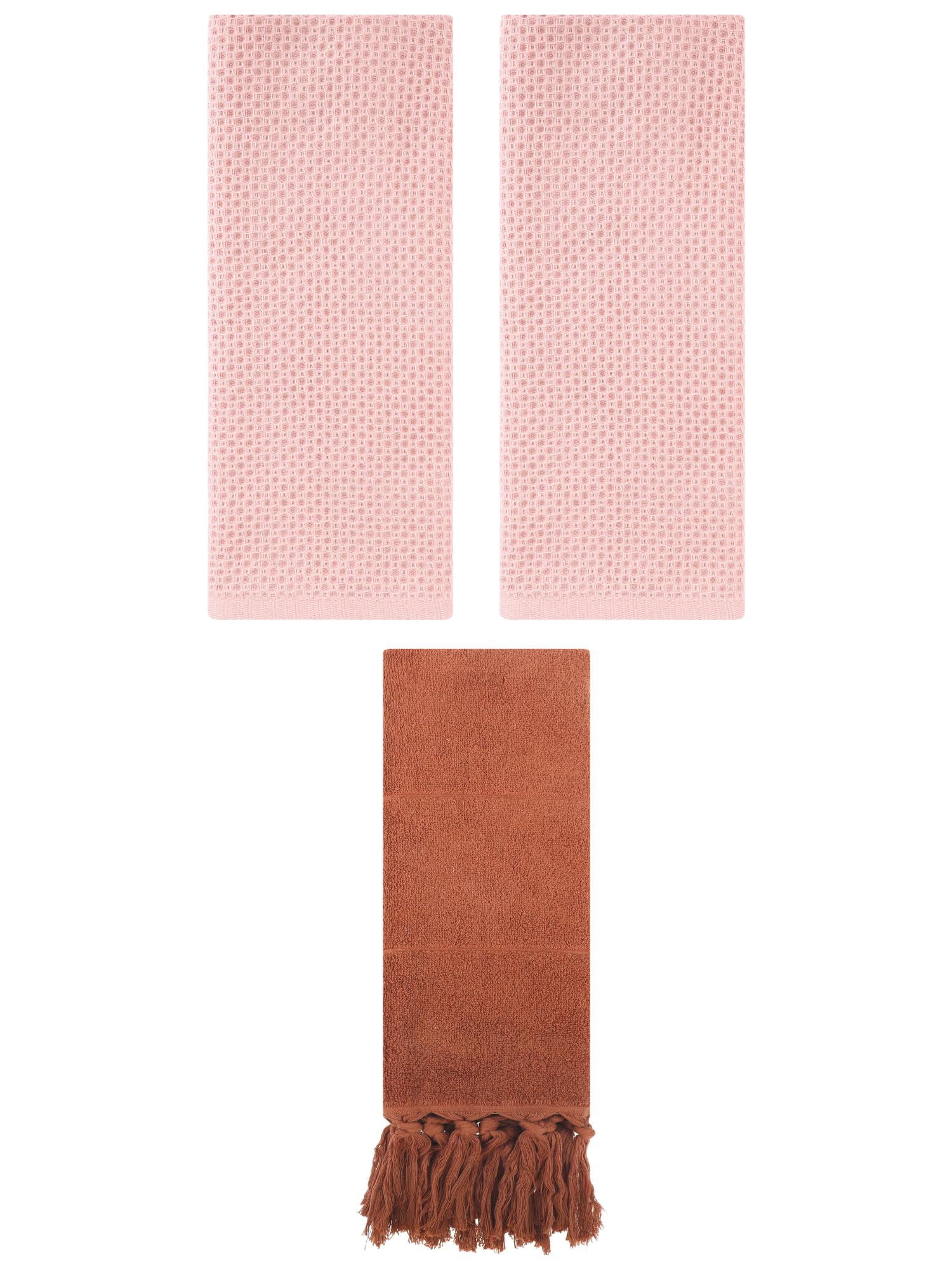 Unique Bargains 3 Pcs Tassels Waffle Hand Towel Brown/Pink 14"x30"/13"x30"