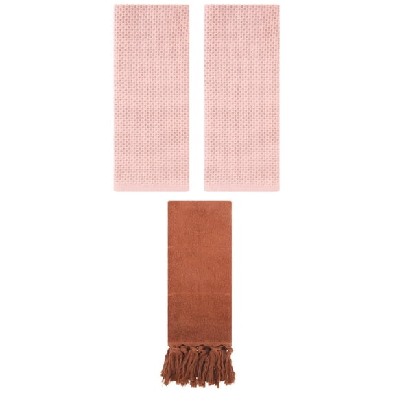 Unique Bargains 3 Pcs Tassels Waffle Hand Towel Brown/Pink 14"x30"/13"x30"