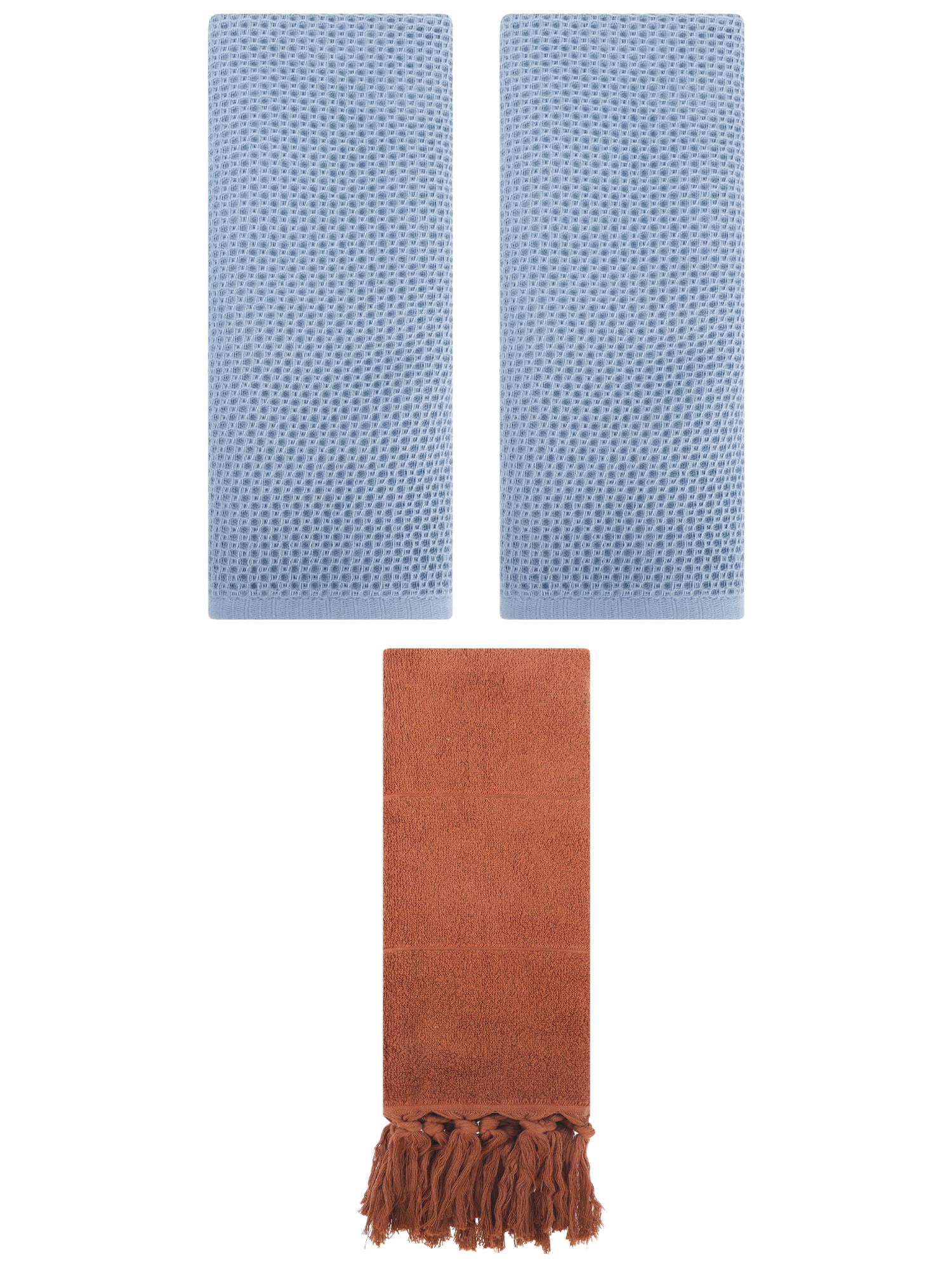 Unique Bargains 3 Pcs Tassels Waffle Hand Towel Brown/Steel Blue 14"x30"/13"x30"