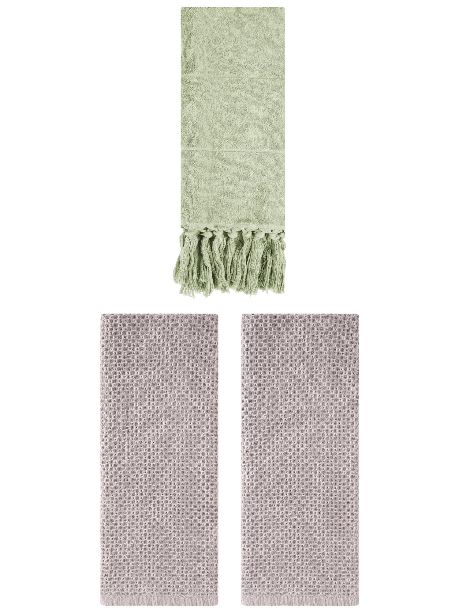 Unique Bargains 3 Pcs Tassels Waffle Hand Towel Green/Camel 14"x30"/13"x30"